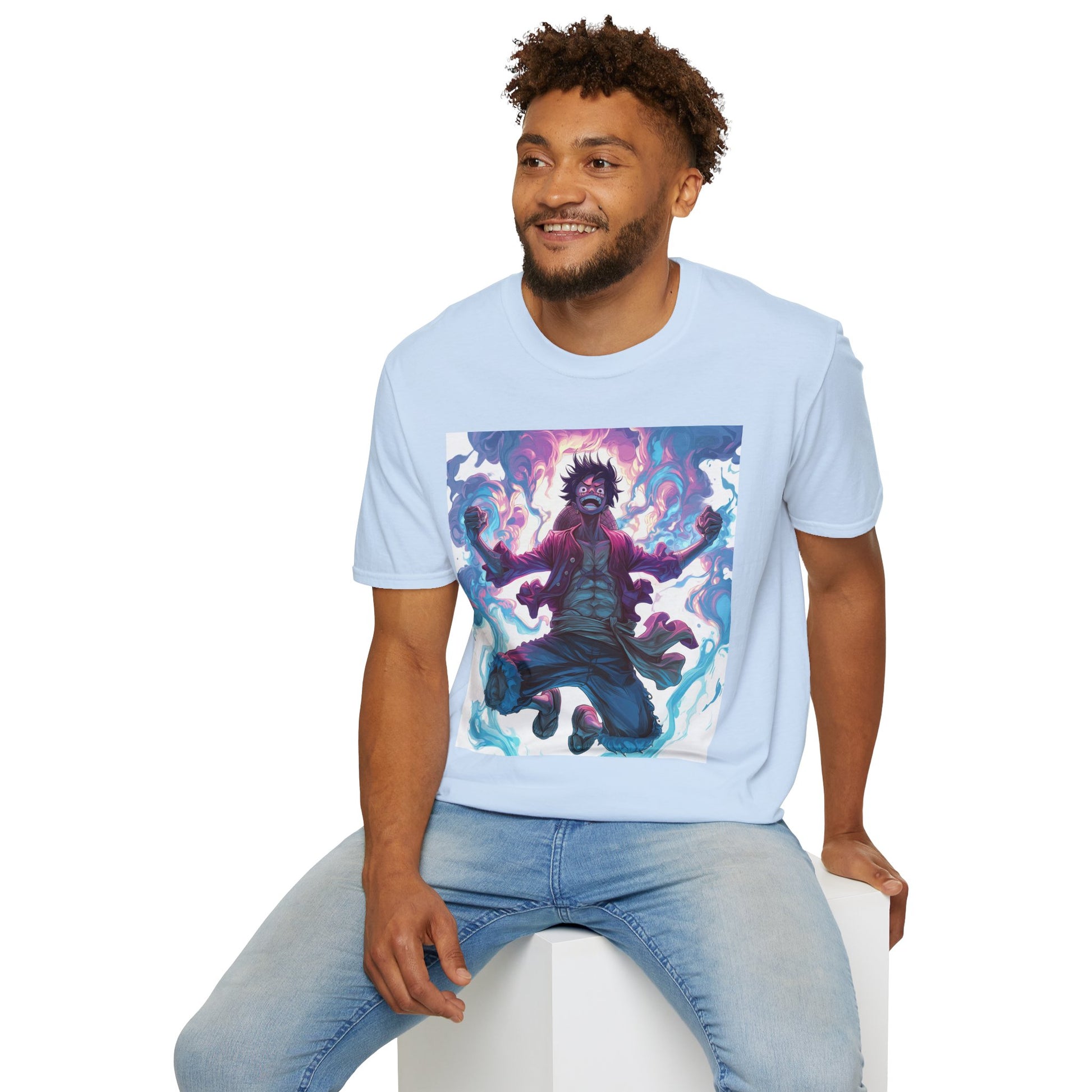 Luffy Pirate King Tee -  one piece luffy pirate king anime shirt graphic tee unisex King of the Pirates Tee – Luffy mid-air with red shirt, fists clenched and cosmic energy