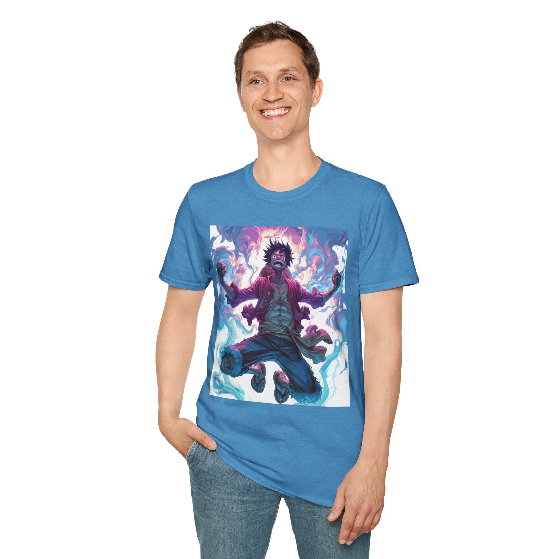 Luffy Pirate King Tee -  one piece luffy pirate king anime shirt graphic tee unisex King of the Pirates Tee – Luffy mid-air with red shirt, fists clenched and cosmic energy