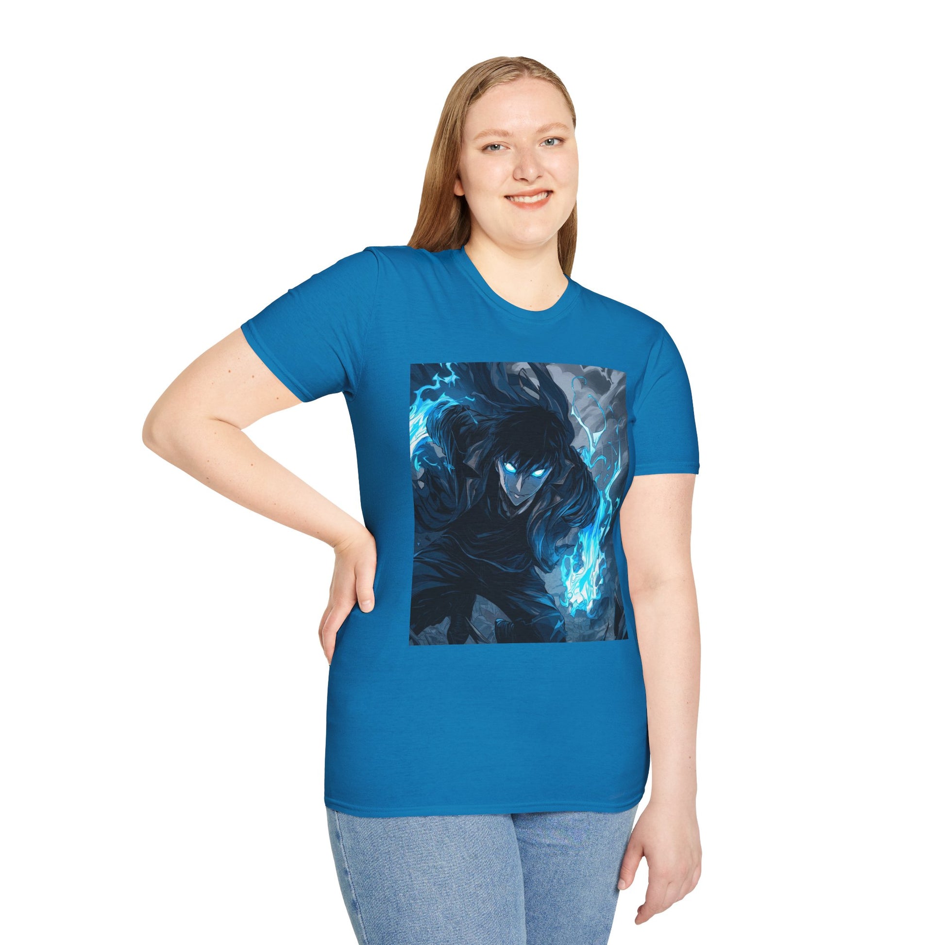 Solo Leveling Shadow Monarch Tee -  solo leveling sung jin woo shadow monarch anime shirt graphic tee unisex Shadow Monarch Tee – Sung Jin Woo engulfed in blue flames with glowing eyes