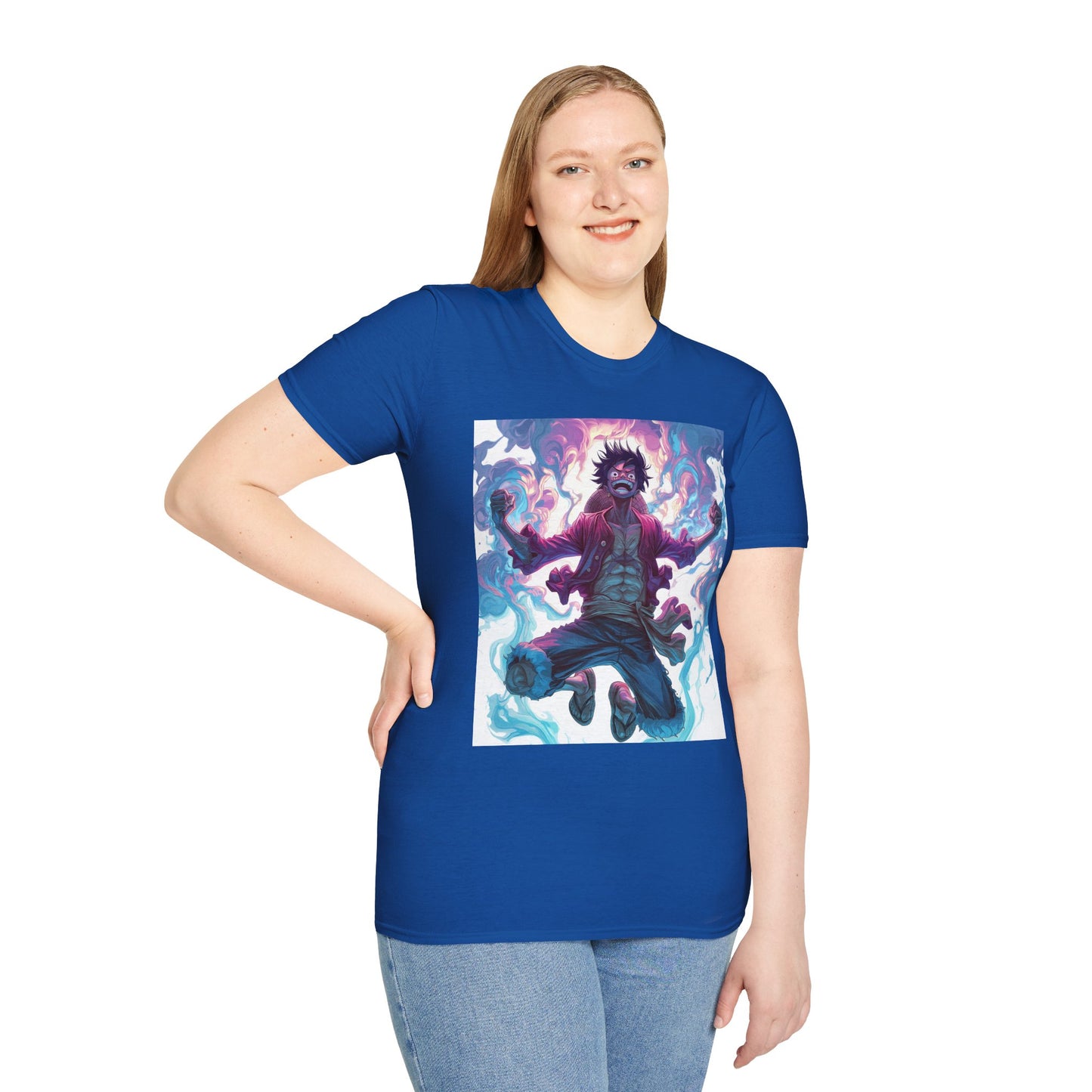 Luffy Pirate King Tee - one piece luffy pirate king anime shirt graphic tee unisex King of the Pirates Tee – Luffy mid-air with red shirt, fists clenched and cosmic energy