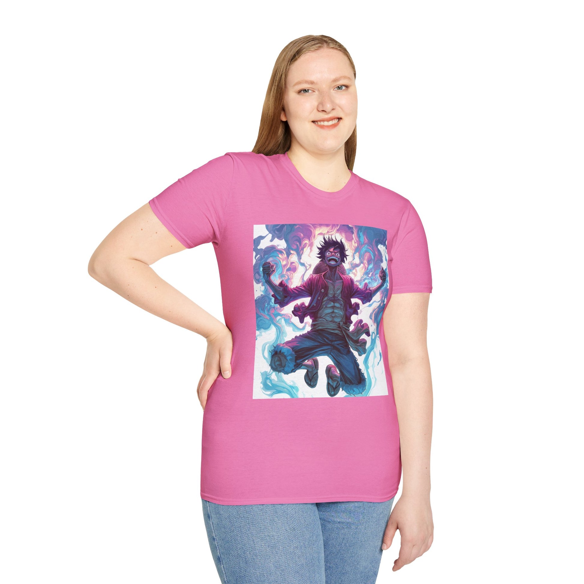 Luffy Pirate King Tee -  one piece luffy pirate king anime shirt graphic tee unisex King of the Pirates Tee – Luffy mid-air with red shirt, fists clenched and cosmic energy