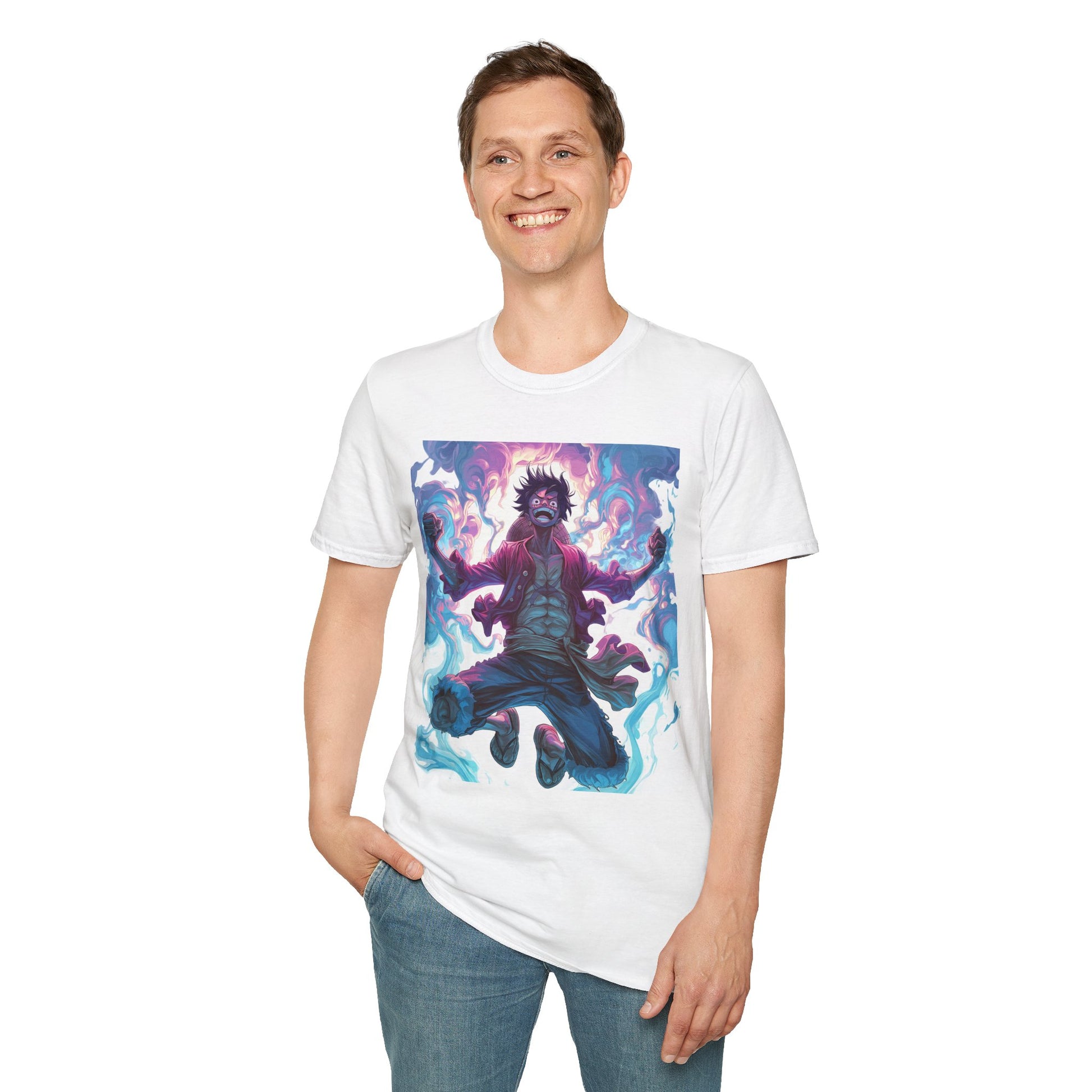 Luffy Pirate King Tee -  one piece luffy pirate king anime shirt graphic tee unisex King of the Pirates Tee – Luffy mid-air with red shirt, fists clenched and cosmic energy