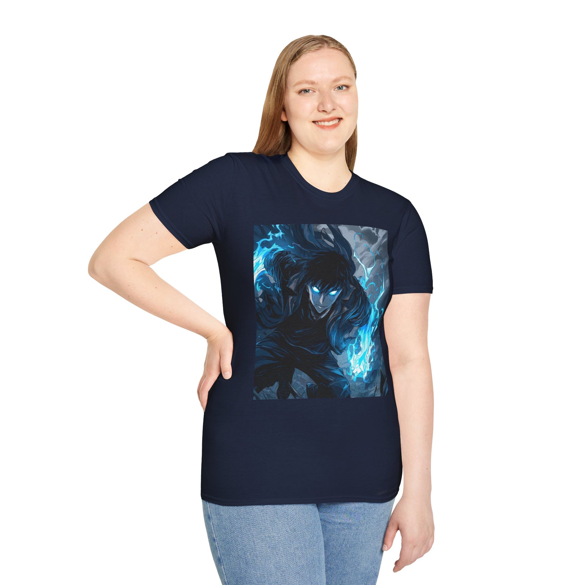 Solo Leveling Shadow Monarch Tee -  solo leveling sung jin woo shadow monarch anime shirt graphic tee unisex Shadow Monarch Tee – Sung Jin Woo engulfed in blue flames with glowing eyes