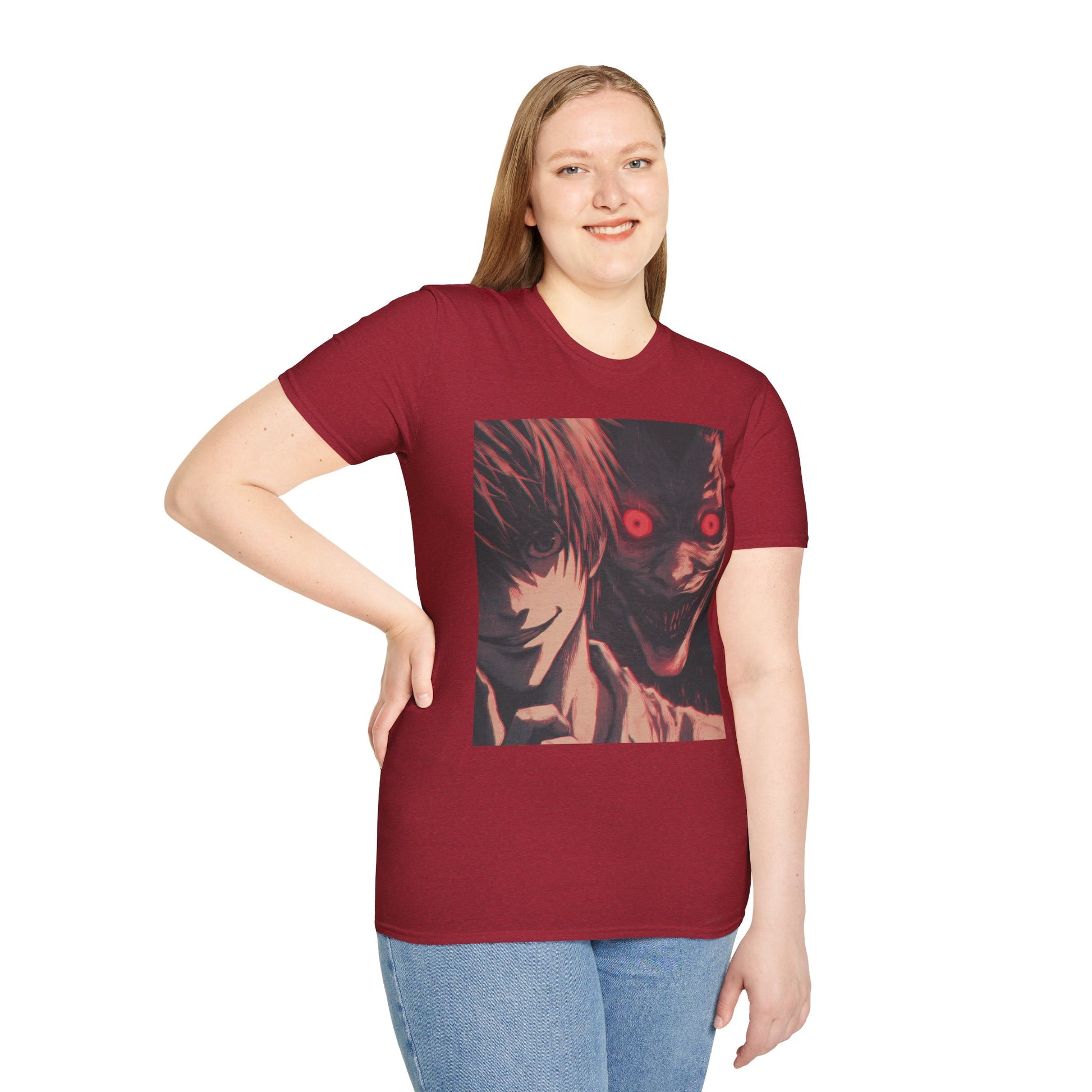 Light Yagami Crimson Tee -  death note light yagami anime shirt graphic tee unisex Crimson Light Tee – Light Yagami in crimson and black, evoking Kira’s quiet intensity with the shinigami Ryuk  gazing over his shoulder