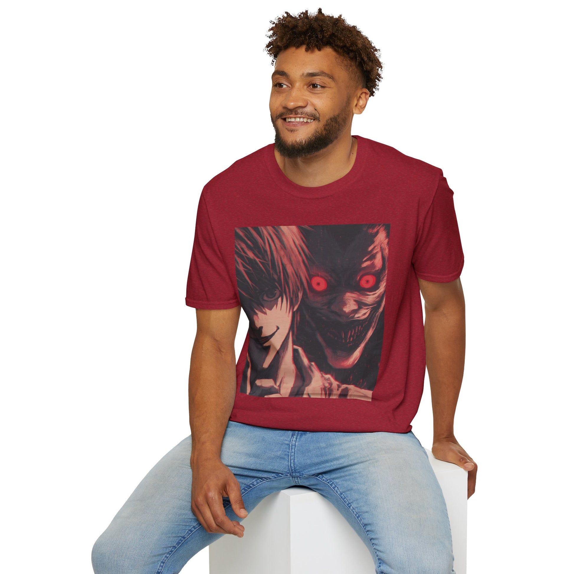 Light Yagami Crimson Tee -  death note light yagami anime shirt graphic tee unisex Crimson Light Tee – Light Yagami in crimson and black, evoking Kira’s quiet intensity with the shinigami Ryuk  gazing over his shoulder