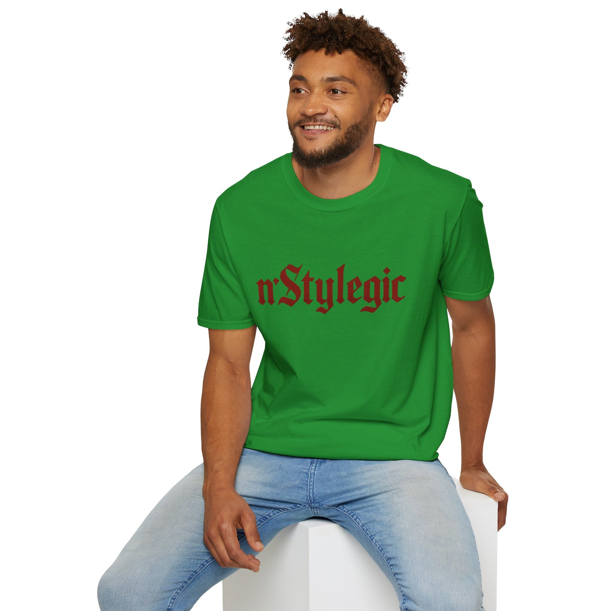 n’Stylegic Logo Streetwear Tee -  logo tee streetwear minimalist graphic tee unisex n’Stylegic Logo Tee – Gothic red logo on minimalist black shirt streetwear branding