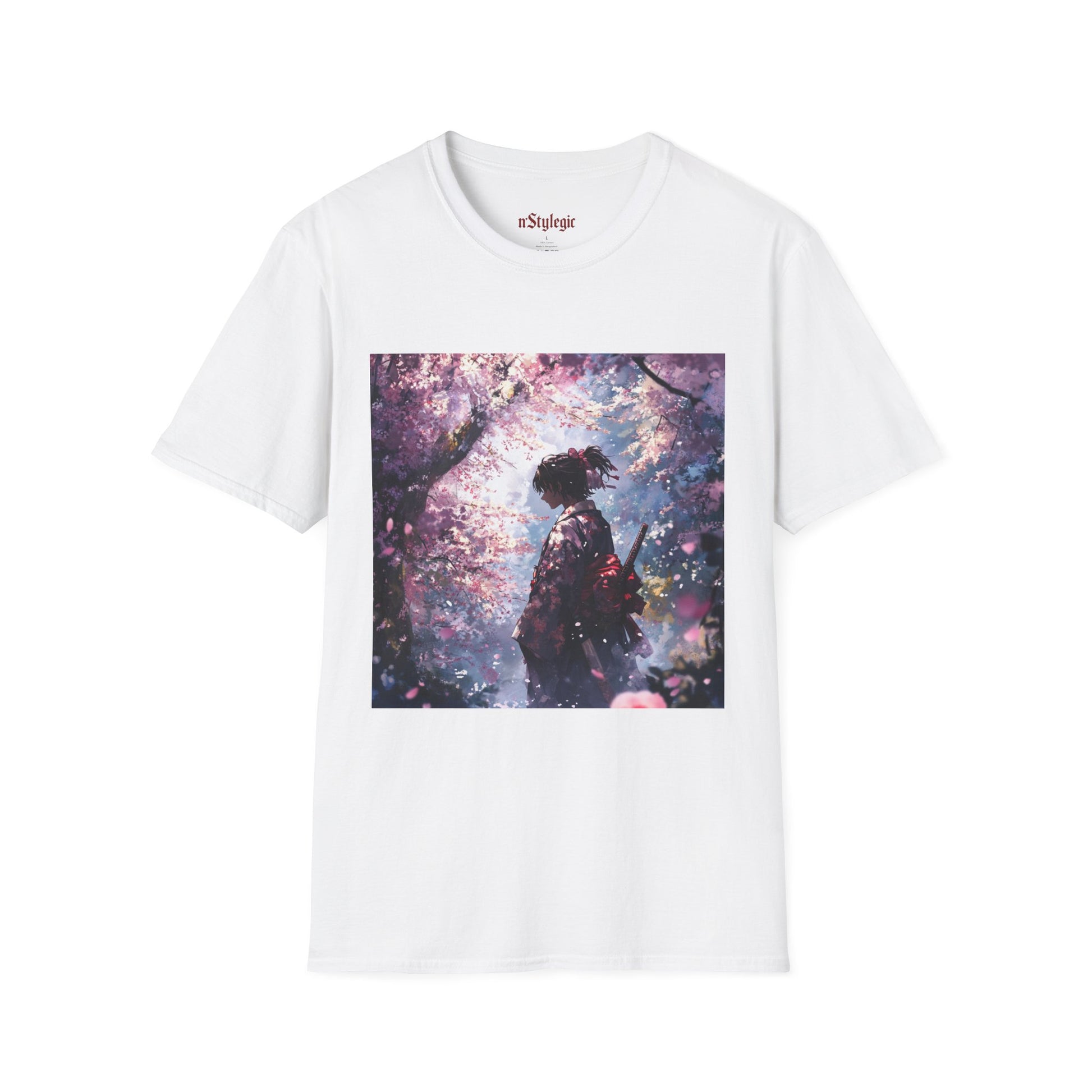 Cherry Blossom Warrior Tee -  samurai cherry blossom japanese culture anime shirt graphic tee unisex Cherry Blossom Samurai Tee – Ornate samurai beneath pink blossoms with katana sheathed