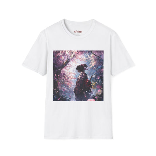 Cherry Blossom Warrior Tee -  samurai cherry blossom japanese culture anime shirt graphic tee unisex Cherry Blossom Samurai Tee – Ornate samurai beneath pink blossoms with katana sheathed