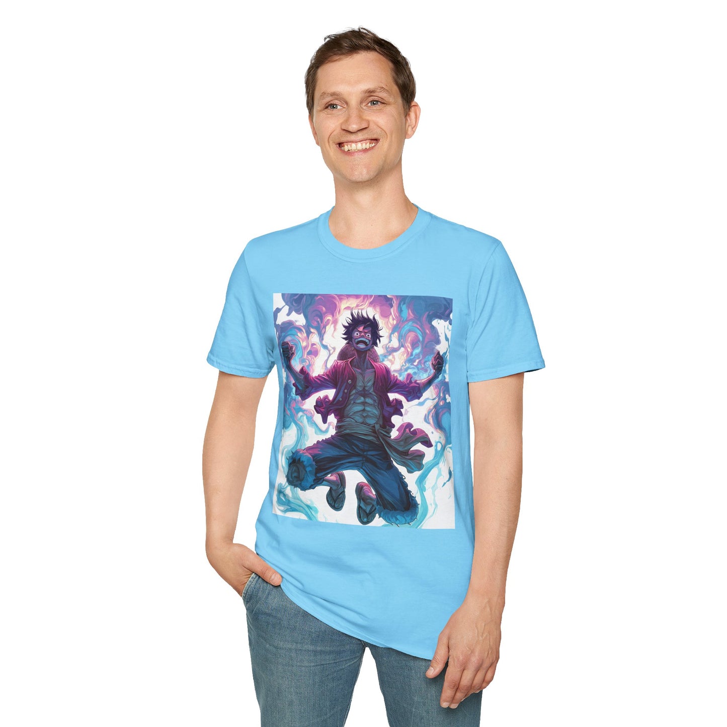 Luffy Pirate King Tee - one piece luffy pirate king anime shirt graphic tee unisex King of the Pirates Tee – Luffy mid-air with red shirt, fists clenched and cosmic energy