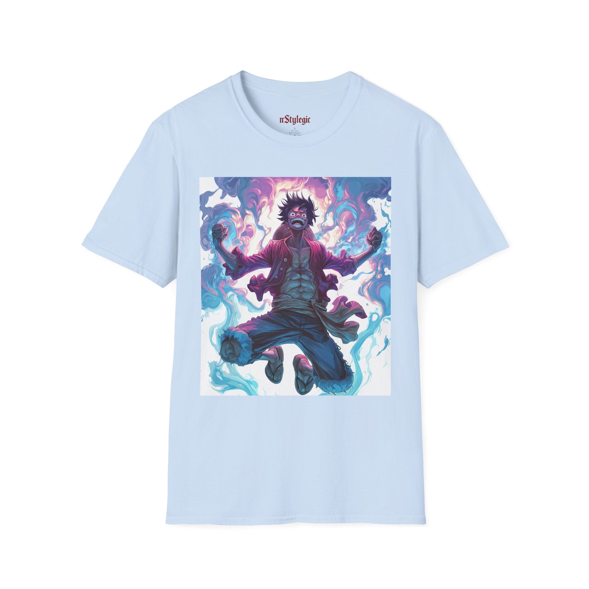Luffy Pirate King Tee -  one piece luffy pirate king anime shirt graphic tee unisex King of the Pirates Tee – Luffy mid-air with red shirt, fists clenched and cosmic energy