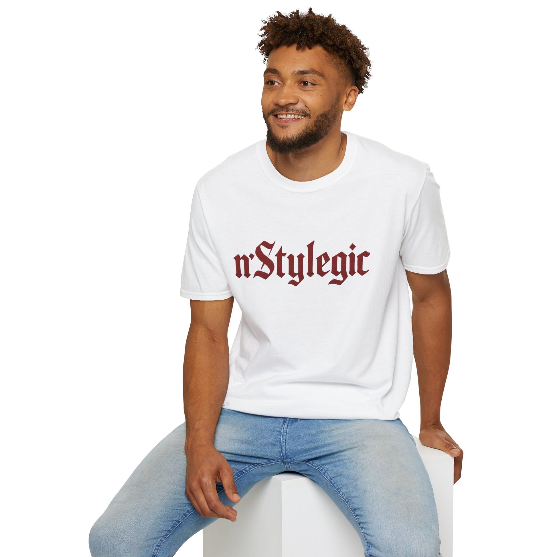 n’Stylegic Logo Streetwear Tee -  logo tee streetwear minimalist graphic tee unisex n’Stylegic Logo Tee – Gothic red logo on minimalist black shirt streetwear branding