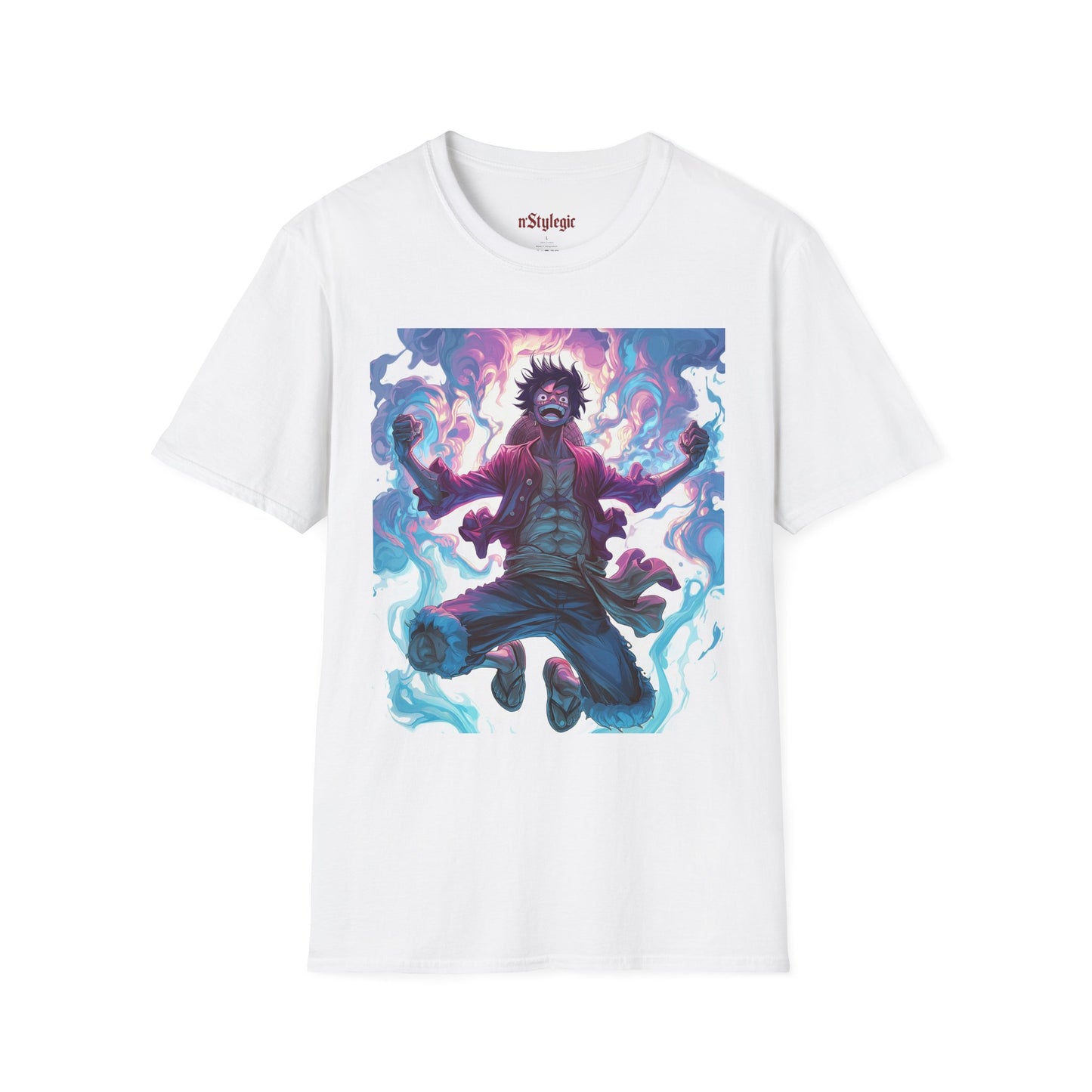 Luffy Pirate King Tee - one piece luffy pirate king anime shirt graphic tee unisex King of the Pirates Tee – Luffy mid-air with red shirt, fists clenched and cosmic energy