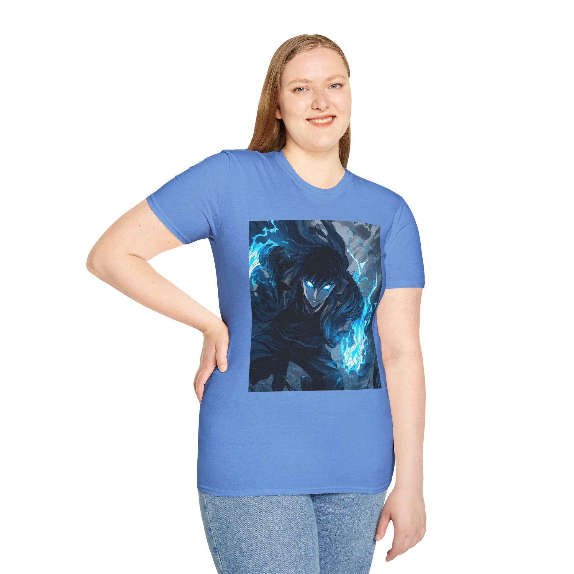 Solo Leveling Shadow Monarch Tee -  solo leveling sung jin woo shadow monarch anime shirt graphic tee unisex Shadow Monarch Tee – Sung Jin Woo engulfed in blue flames with glowing eyes