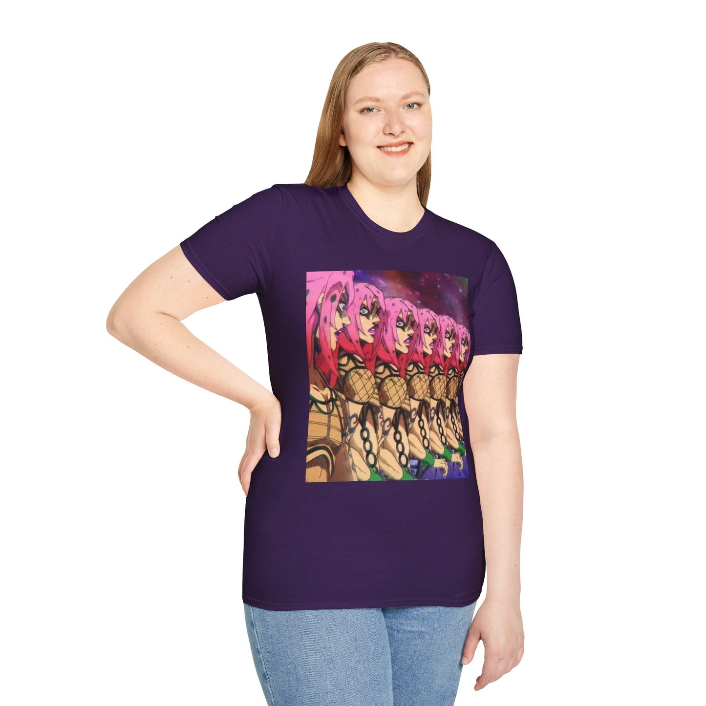 Diavolo Infinite Loop Tee - jojo diavolo king crimson anime shirt graphic tee unisex Diavolo Death Loop Tee – Diavolo caught in cosmic loop with pink hair and cryptic tattoos