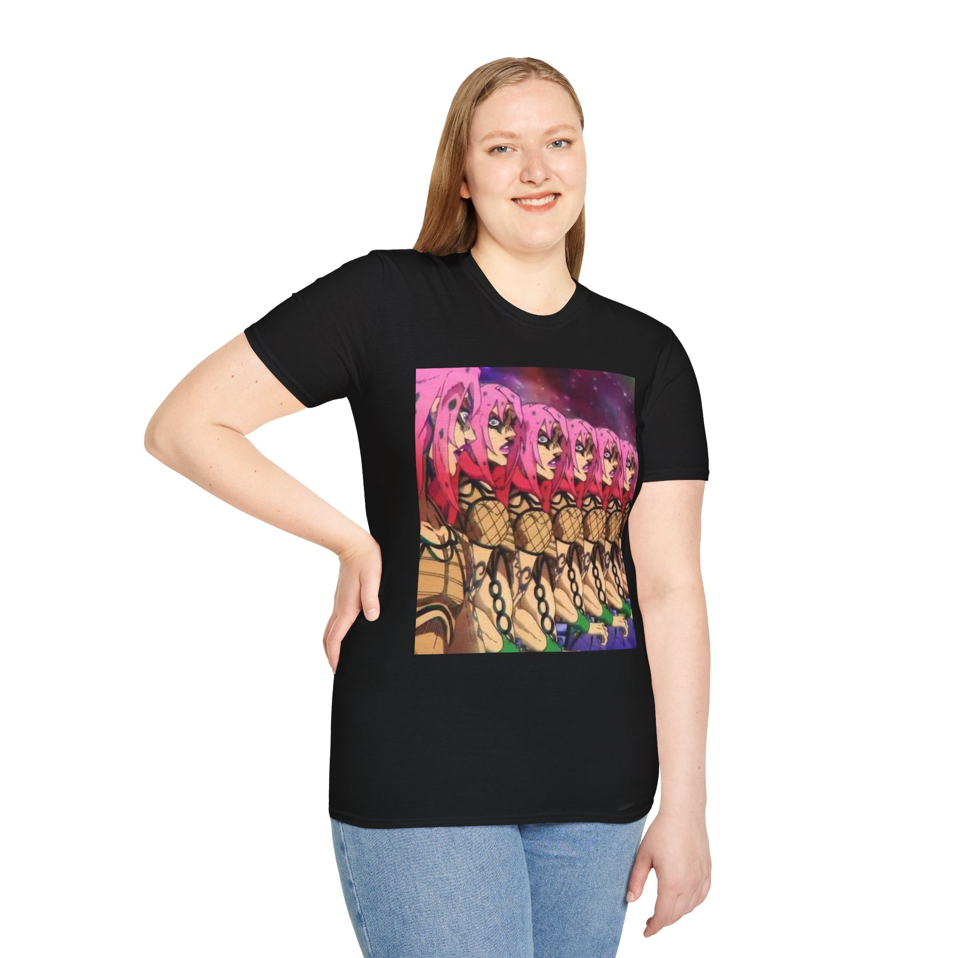 Diavolo Infinite Loop Tee -  jojo diavolo king crimson anime shirt graphic tee unisex Diavolo Death Loop Tee – Diavolo caught in cosmic loop with pink hair and cryptic tattoos