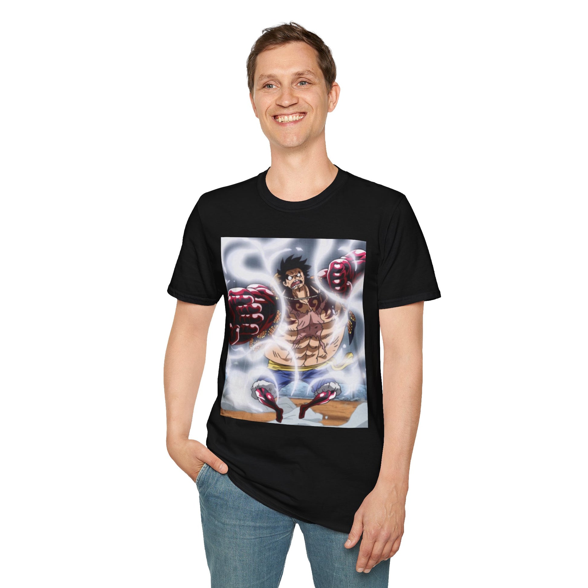 Luffy Gear 4 Anime Tee -  one piece luffy gear 4 bounce man anime shirt graphic tee unisex Gear 4 Bounce Man Tee – Luffy in Gear 4 transformation with Haki aura