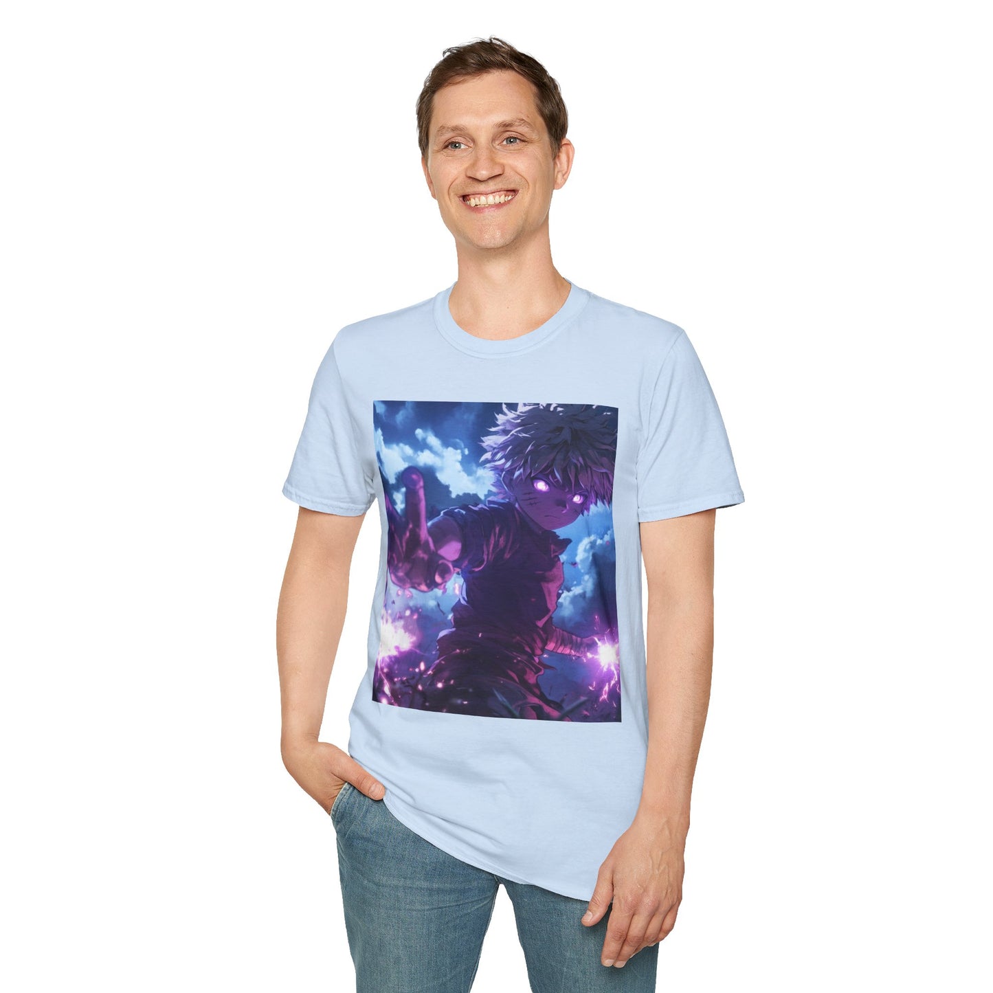 Killua Voltage Anime Tee - hunter x hunter killua anime shirt graphic tee unisex Killua Voltage Tee – Killua Zoldyck mid-lightning strike with glowing eyes and stormy backdrop