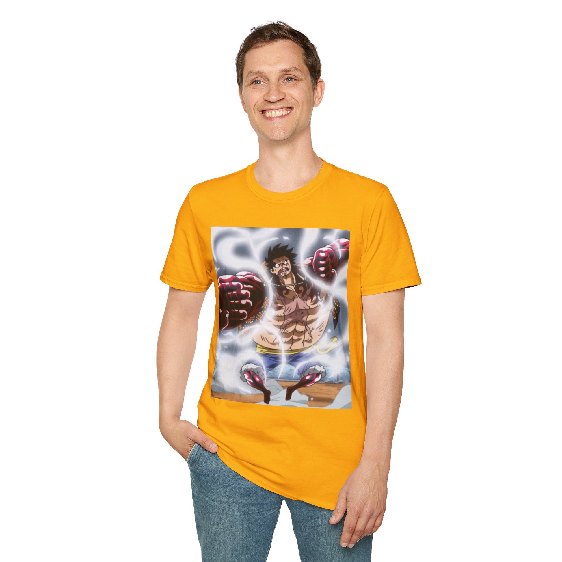 Luffy Gear 4 Anime Tee -  one piece luffy gear 4 bounce man anime shirt graphic tee unisex Gear 4 Bounce Man Tee – Luffy in Gear 4 transformation with Haki aura