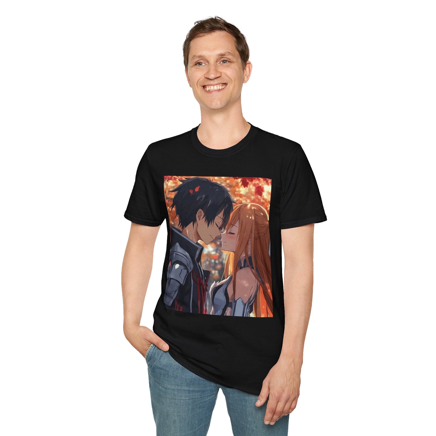Black Knight Fantasy Tee - fantasy romance black knight anime shirt graphic tee unisex Black Knight & Golden Flash Tee – Kirito and Asuna under autumn leaves
