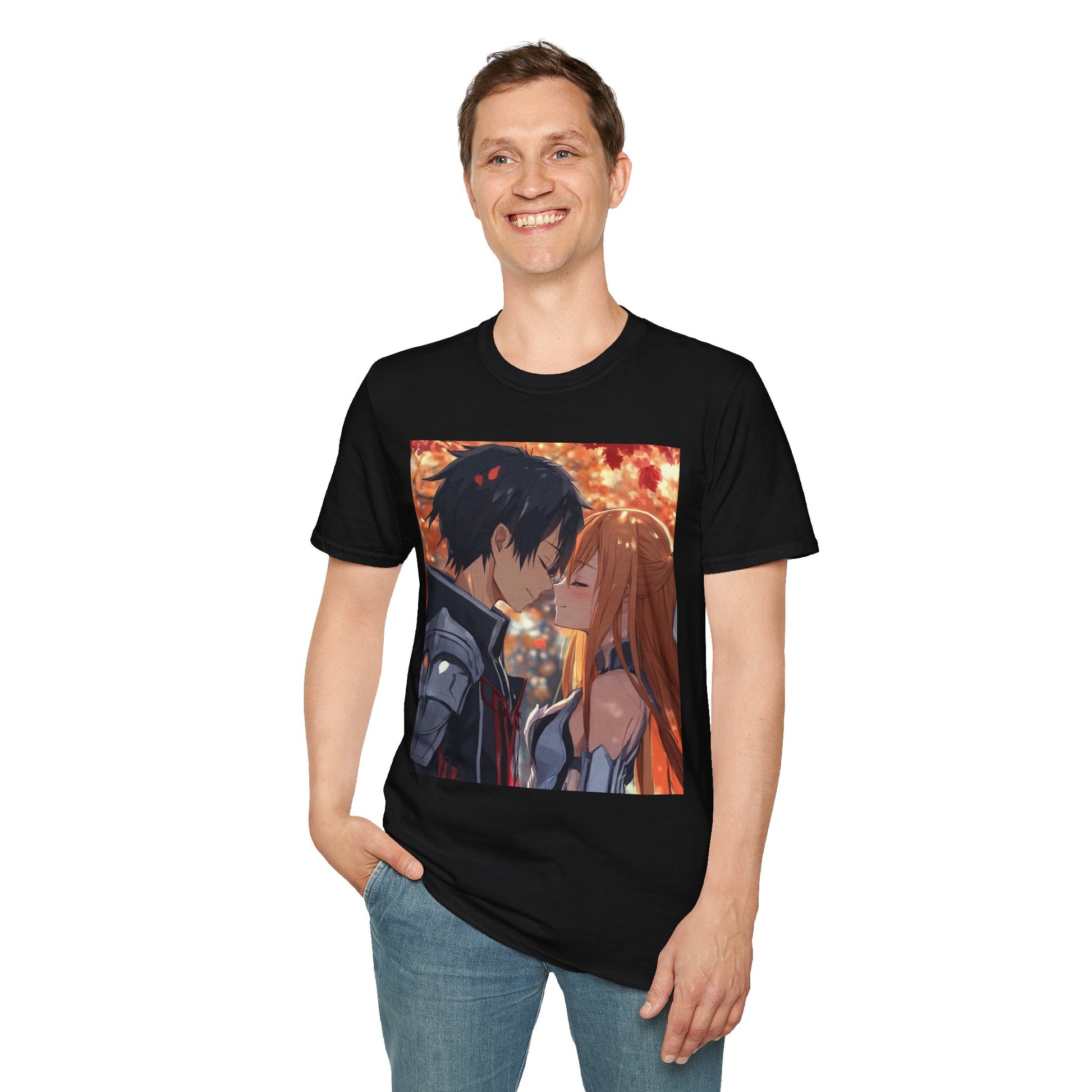 Black Knight Fantasy Tee -  fantasy romance black knight anime shirt graphic tee unisex Black Knight & Golden Flash Tee – Kirito and Asuna under autumn leaves