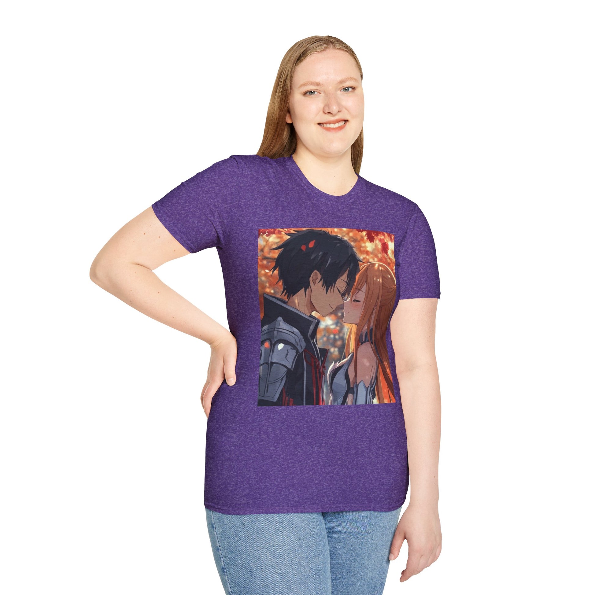 Black Knight Fantasy Tee -  fantasy romance black knight anime shirt graphic tee unisex Black Knight & Golden Flash Tee – Kirito and Asuna under autumn leaves