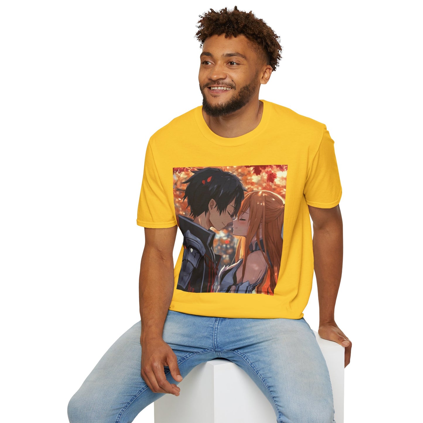 Black Knight Fantasy Tee - fantasy romance black knight anime shirt graphic tee unisex Black Knight & Golden Flash Tee – Kirito and Asuna under autumn leaves
