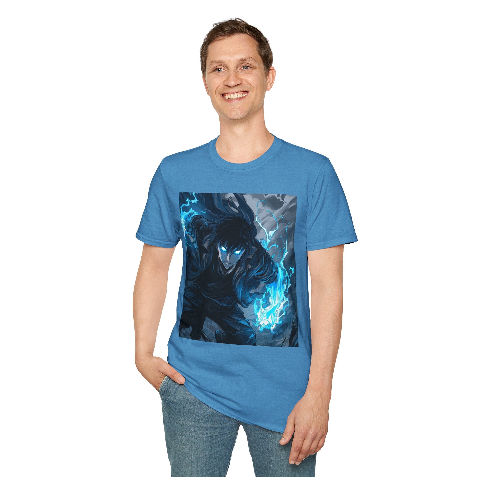 Solo Leveling Shadow Monarch Tee -  solo leveling sung jin woo shadow monarch anime shirt graphic tee unisex Shadow Monarch Tee – Sung Jin Woo engulfed in blue flames with glowing eyes