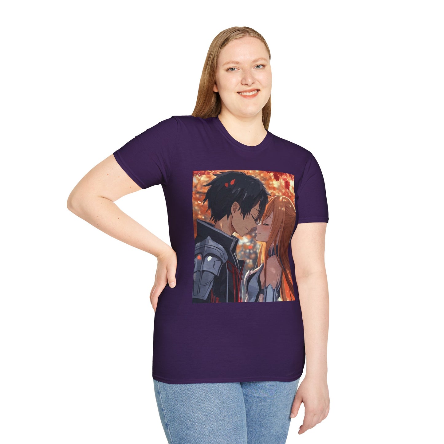 Black Knight Fantasy Tee - fantasy romance black knight anime shirt graphic tee unisex Black Knight & Golden Flash Tee – Kirito and Asuna under autumn leaves