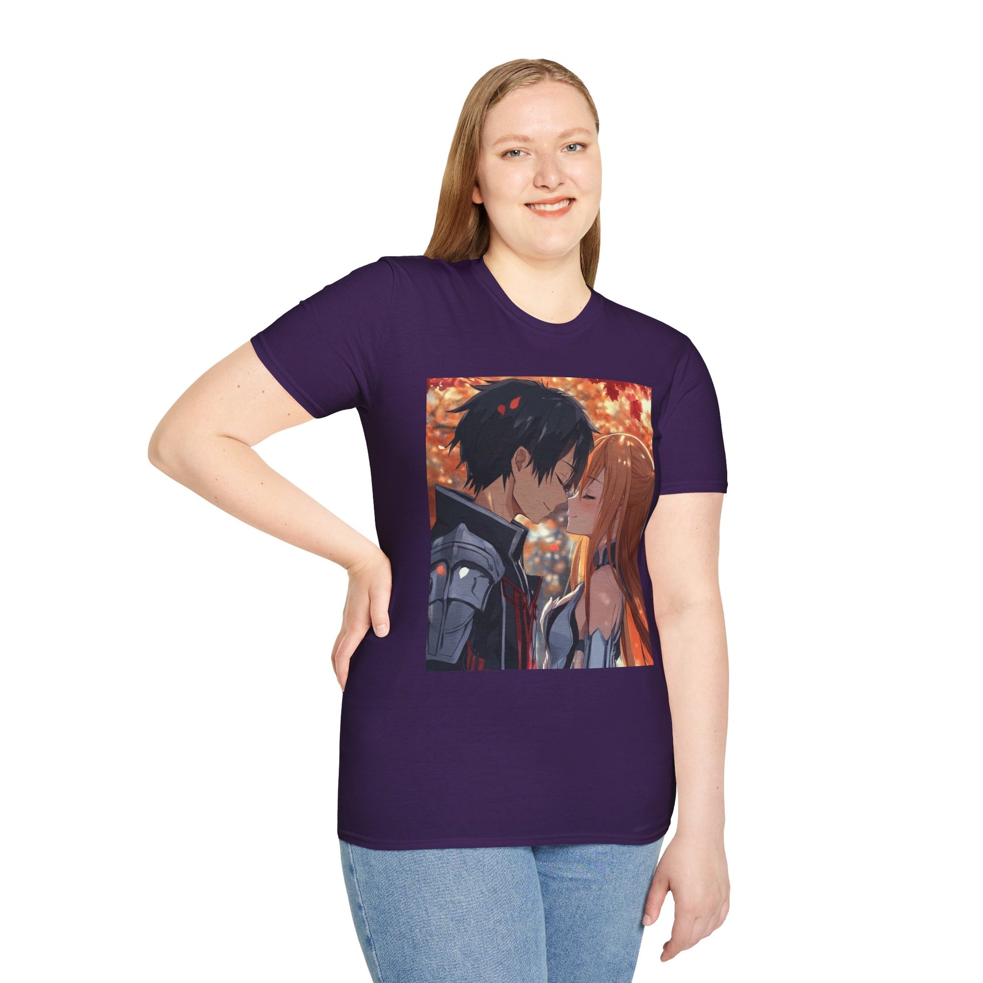 Black Knight Fantasy Tee -  fantasy romance black knight anime shirt graphic tee unisex Black Knight & Golden Flash Tee – Kirito and Asuna under autumn leaves
