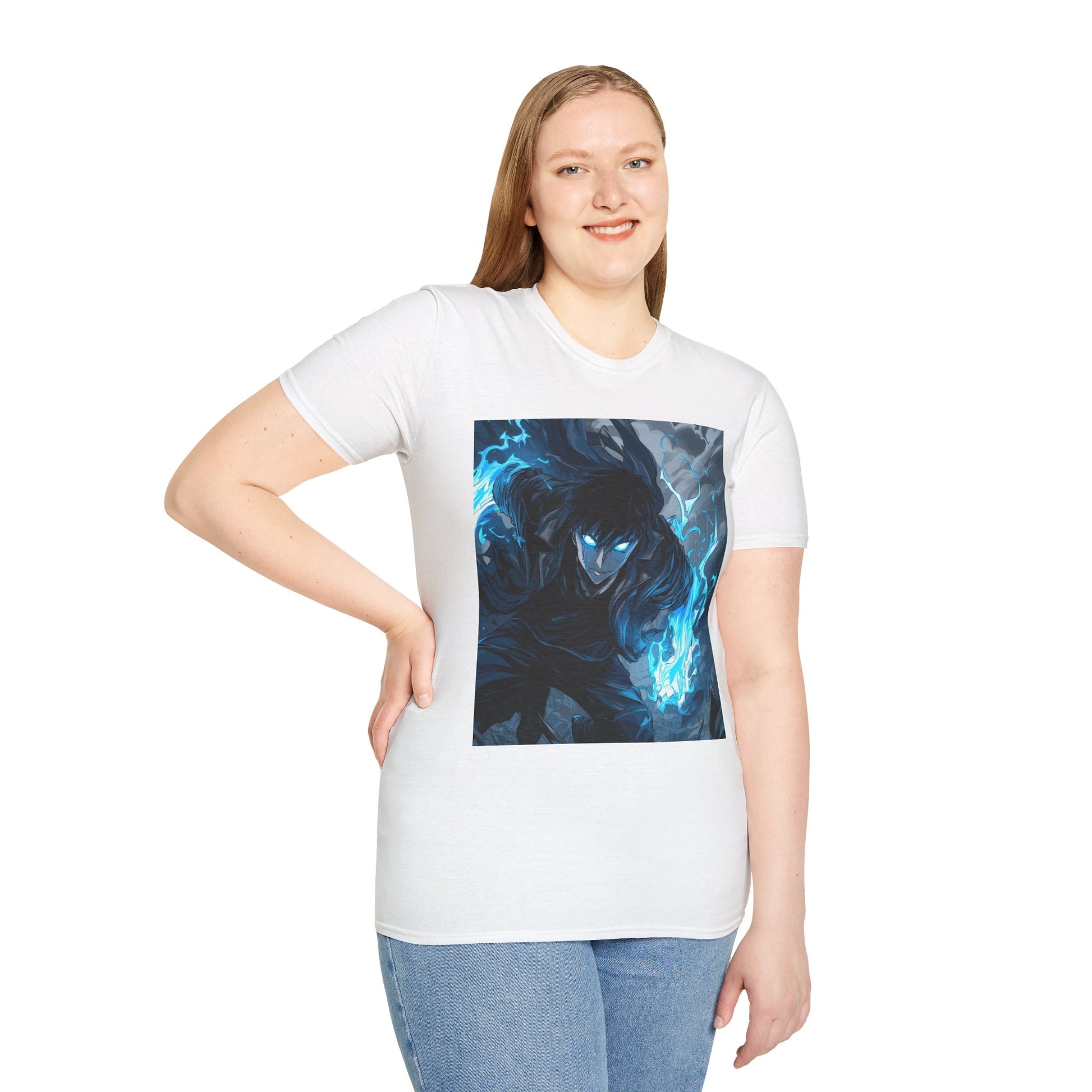 Solo Leveling Shadow Monarch Tee -  solo leveling sung jin woo shadow monarch anime shirt graphic tee unisex Shadow Monarch Tee – Sung Jin Woo engulfed in blue flames with glowing eyes