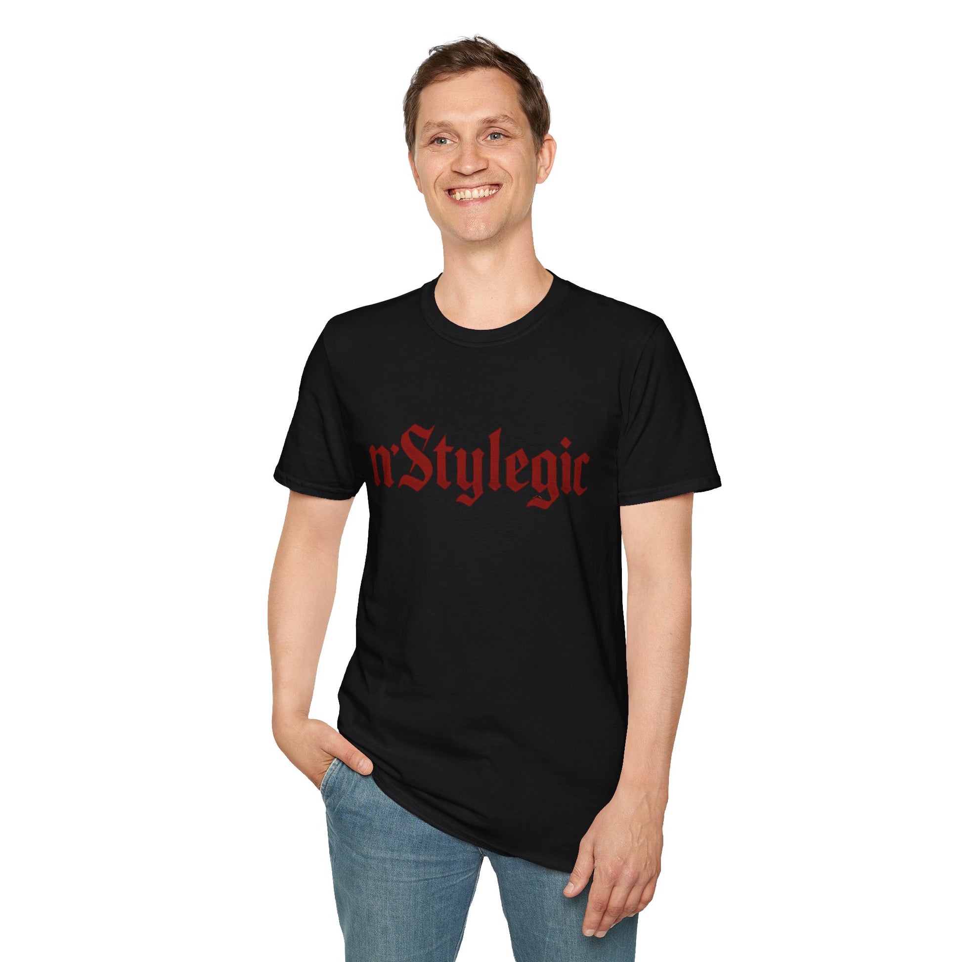 n’Stylegic Logo Streetwear Tee -  logo tee streetwear minimalist graphic tee unisex n’Stylegic Logo Tee – Gothic red logo on minimalist black shirt streetwear branding