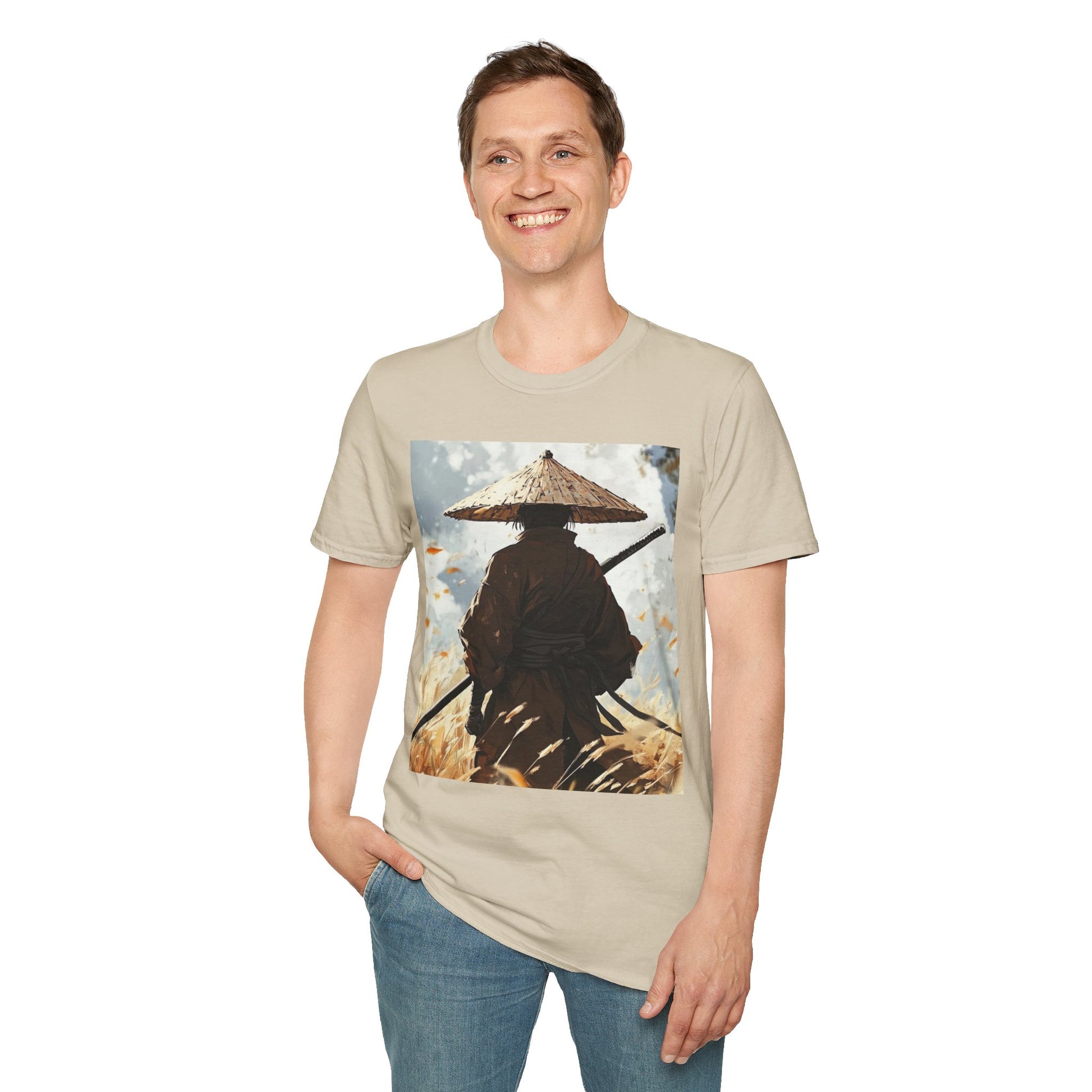 Vagabond Samurai Tee -  samurai vagabond japanese culture anime shirt graphic tee unisex Vagabond Swordsman Tee – Lone samurai in windswept field with katana and falling autumn leaves