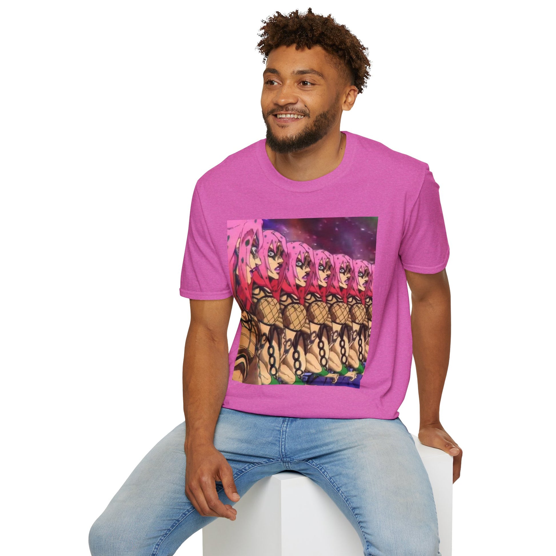 Diavolo Infinite Loop Tee -  jojo diavolo king crimson anime shirt graphic tee unisex Diavolo Death Loop Tee – Diavolo caught in cosmic loop with pink hair and cryptic tattoos