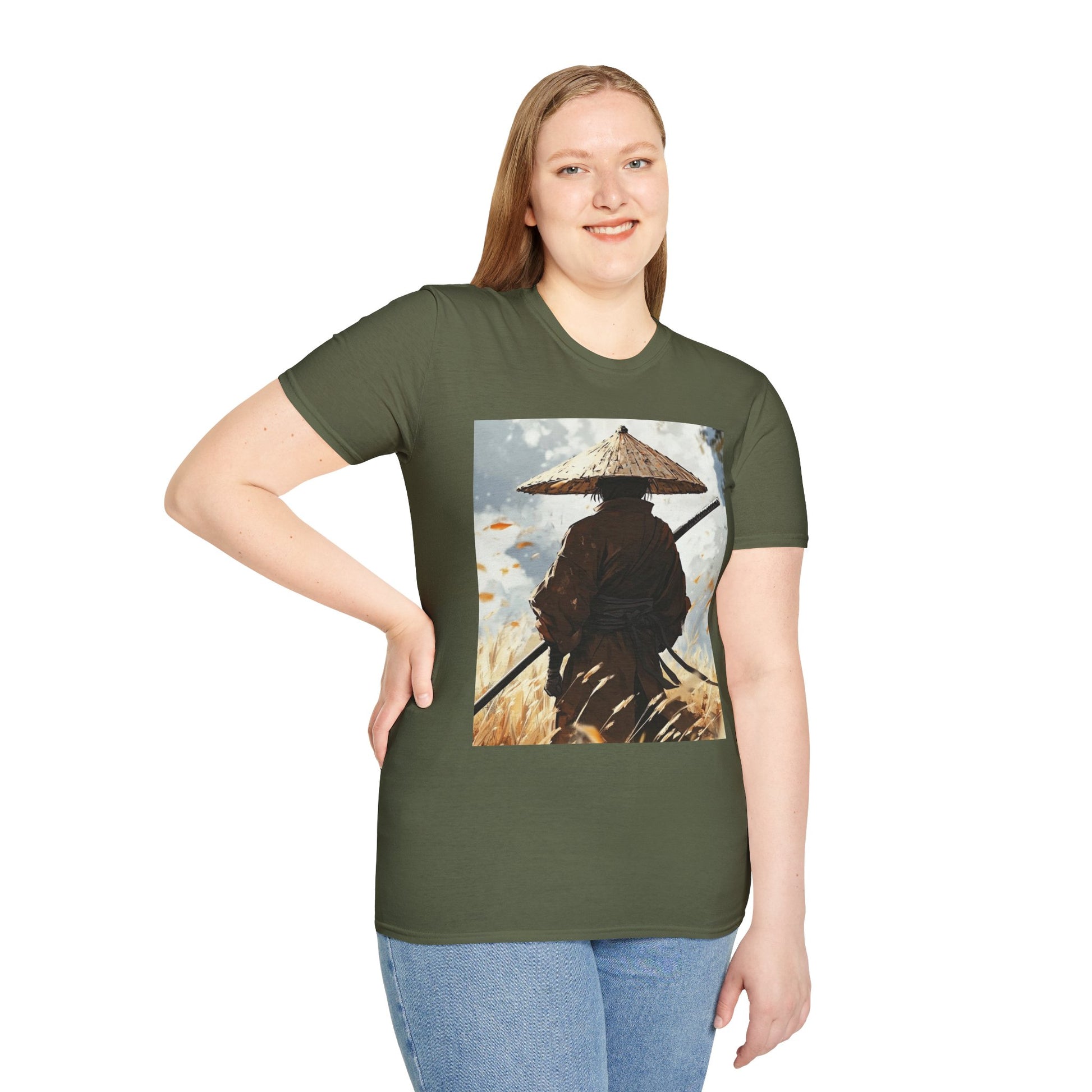 Vagabond Samurai Tee -  samurai vagabond japanese culture anime shirt graphic tee unisex Vagabond Swordsman Tee – Lone samurai in windswept field with katana and falling autumn leaves