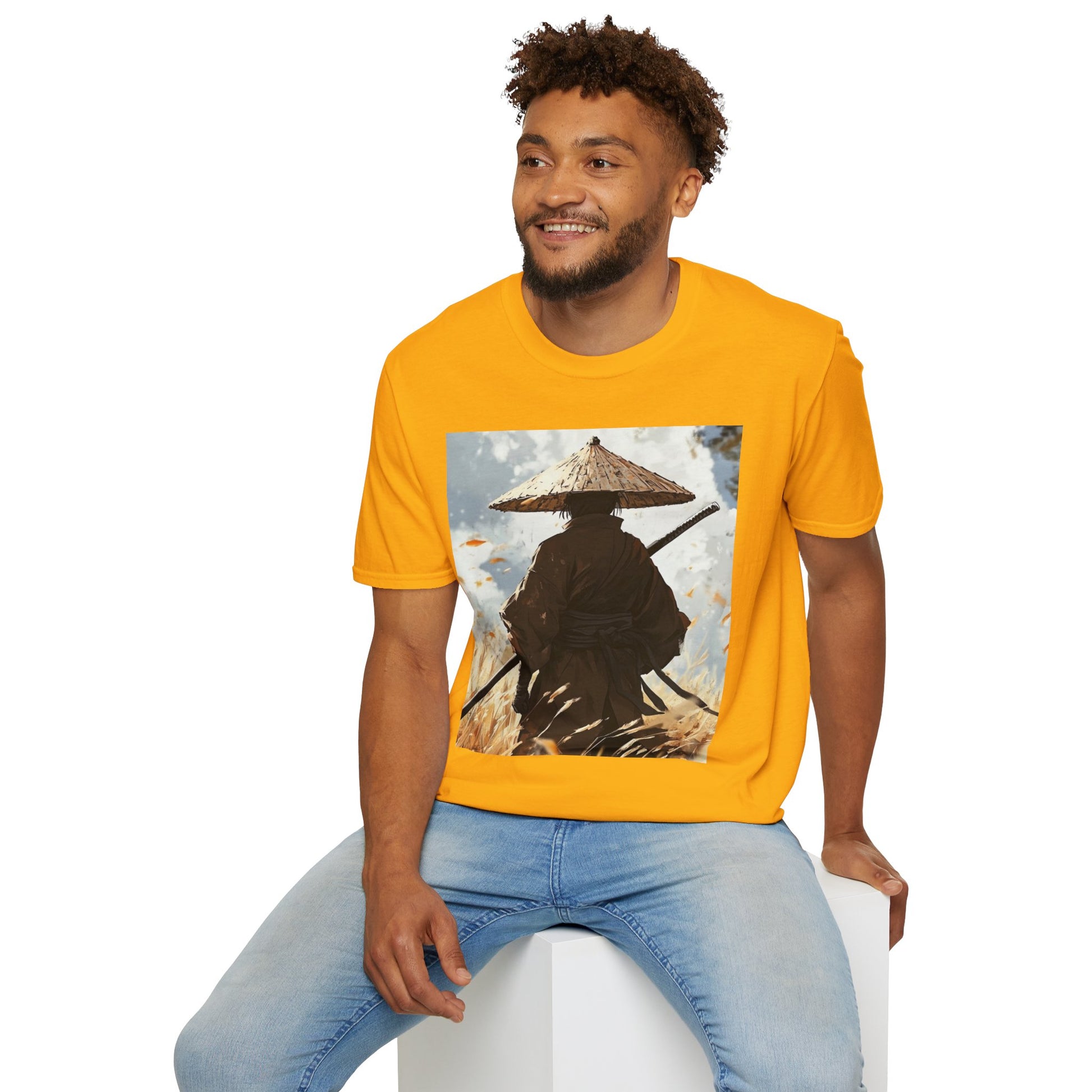 Vagabond Samurai Tee -  samurai vagabond japanese culture anime shirt graphic tee unisex Vagabond Swordsman Tee – Lone samurai in windswept field with katana and falling autumn leaves