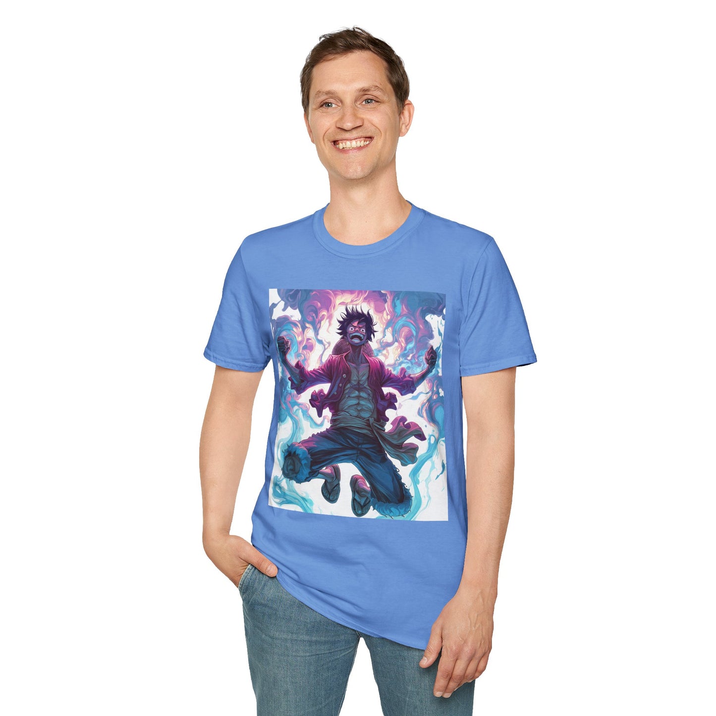 Luffy Pirate King Tee - one piece luffy pirate king anime shirt graphic tee unisex King of the Pirates Tee – Luffy mid-air with red shirt, fists clenched and cosmic energy