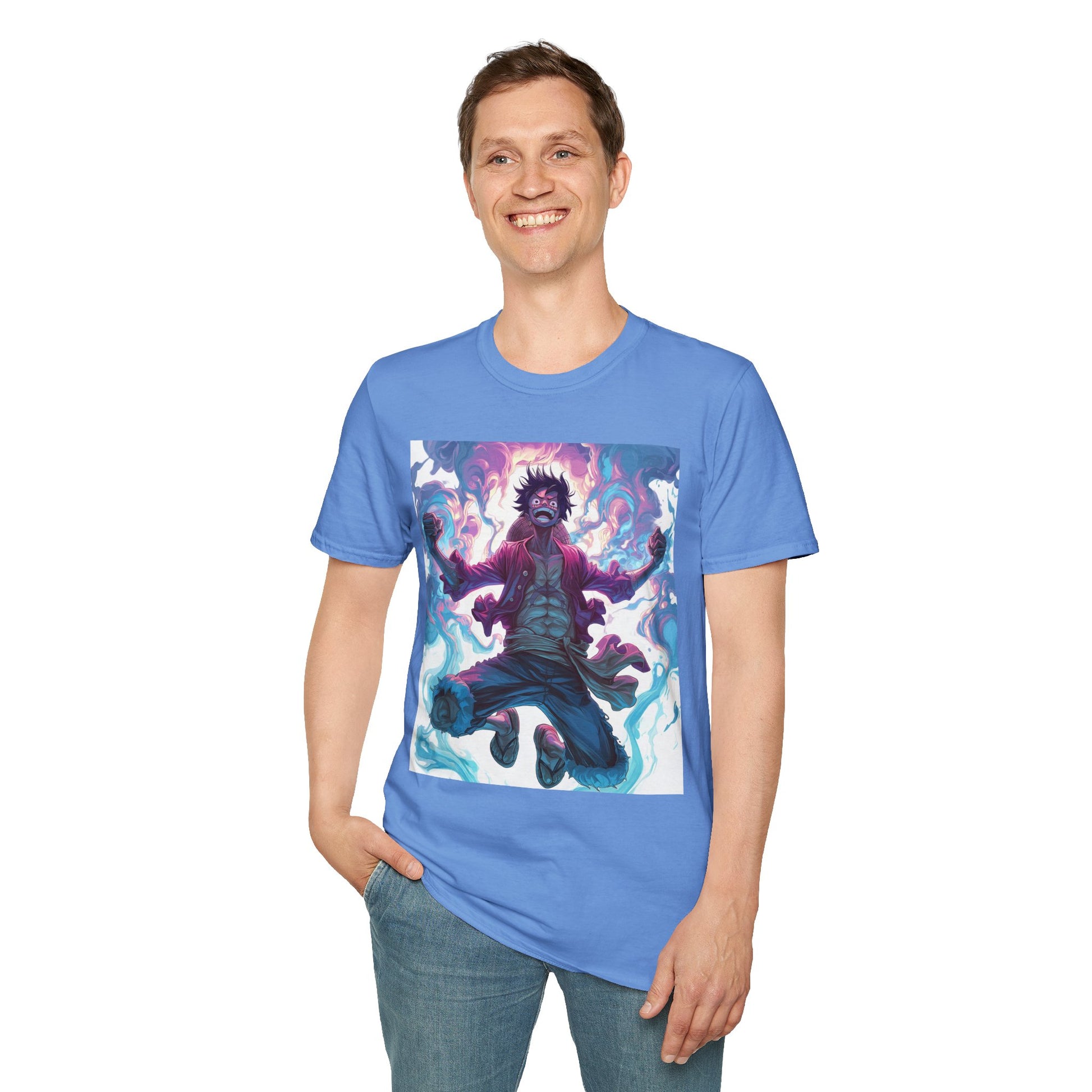 Luffy Pirate King Tee -  one piece luffy pirate king anime shirt graphic tee unisex King of the Pirates Tee – Luffy mid-air with red shirt, fists clenched and cosmic energy