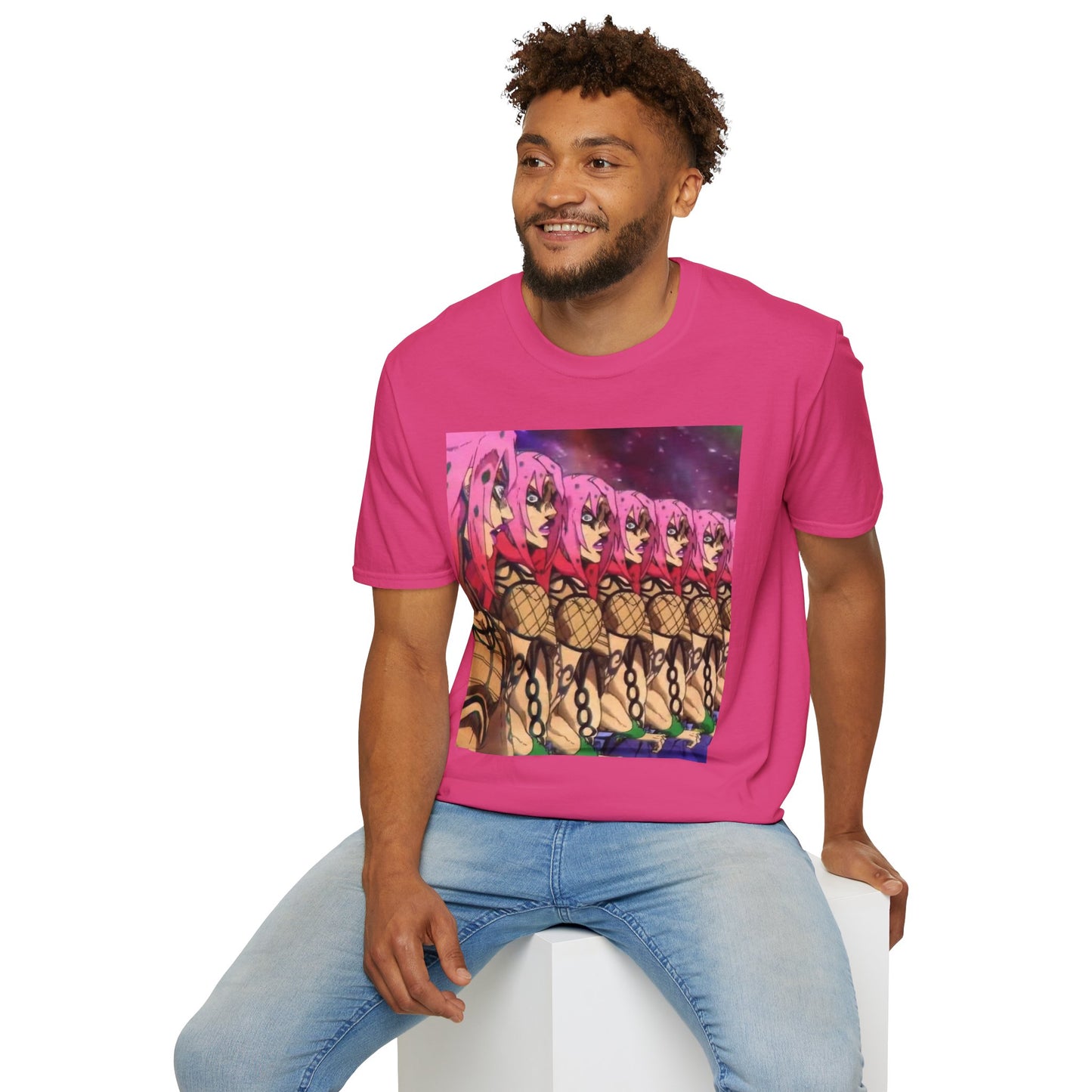 Diavolo Infinite Loop Tee - jojo diavolo king crimson anime shirt graphic tee unisex Diavolo Death Loop Tee – Diavolo caught in cosmic loop with pink hair and cryptic tattoos
