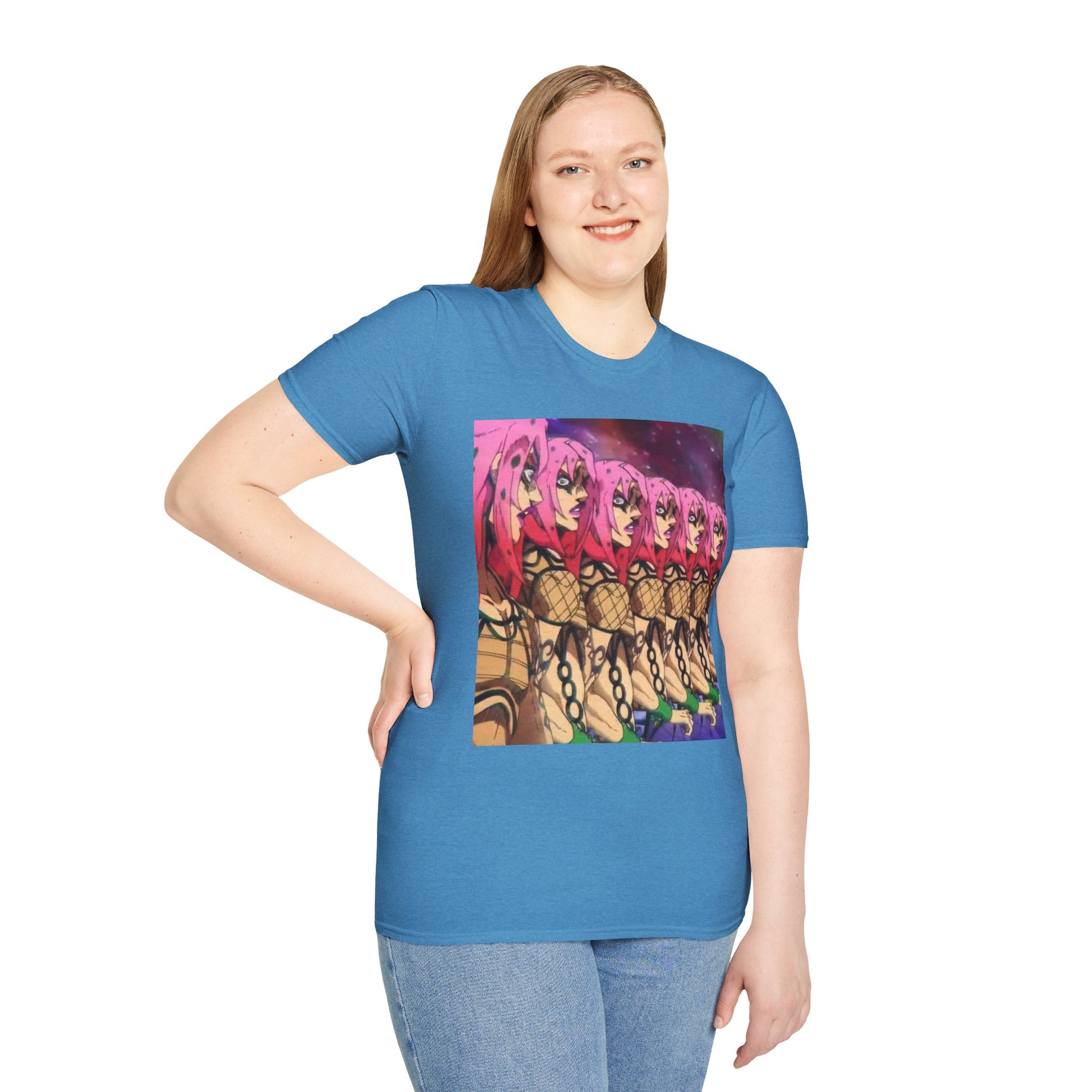 Diavolo Infinite Loop Tee -  jojo diavolo king crimson anime shirt graphic tee unisex Diavolo Death Loop Tee – Diavolo caught in cosmic loop with pink hair and cryptic tattoos