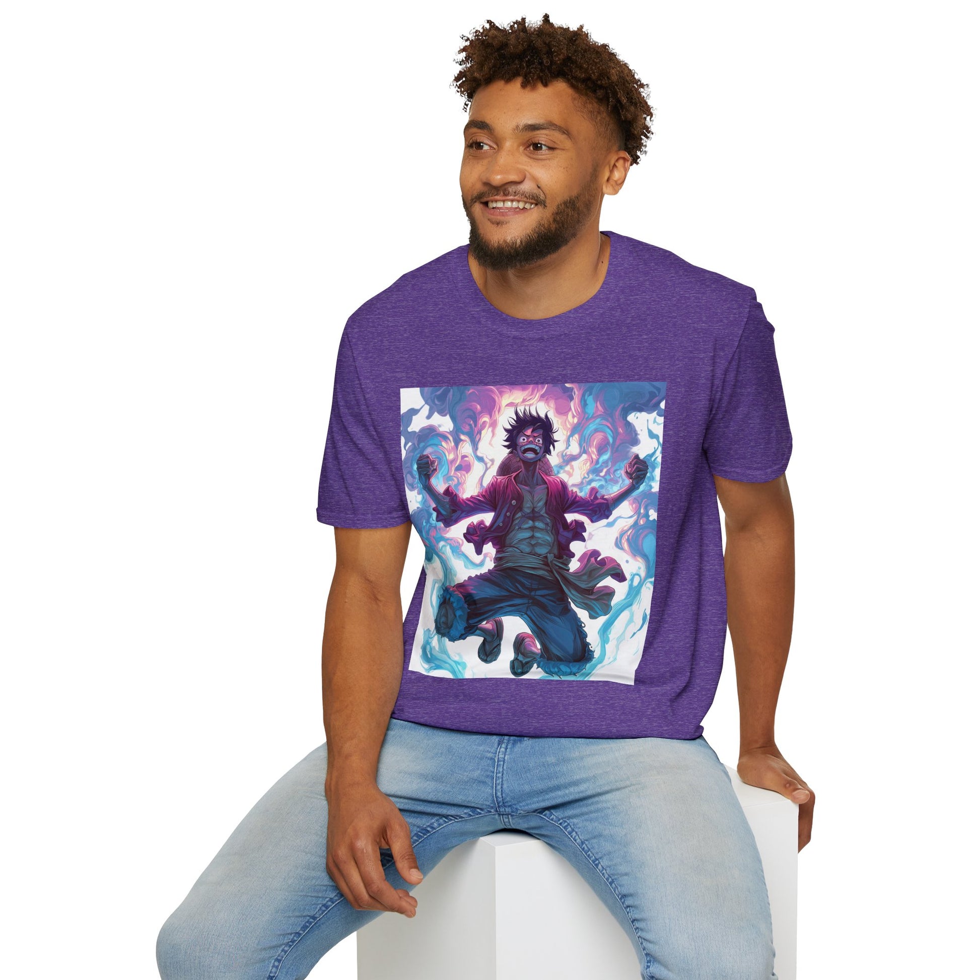 Luffy Pirate King Tee -  one piece luffy pirate king anime shirt graphic tee unisex King of the Pirates Tee – Luffy mid-air with red shirt, fists clenched and cosmic energy