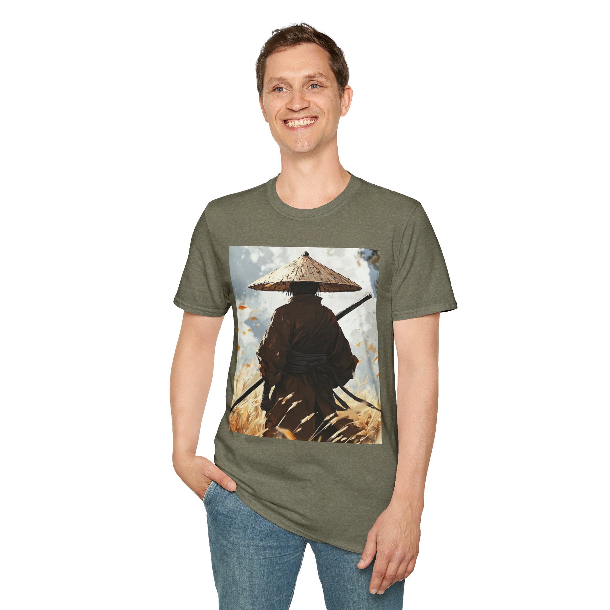 Vagabond Samurai Tee -  samurai vagabond japanese culture anime shirt graphic tee unisex Vagabond Swordsman Tee – Lone samurai in windswept field with katana and falling autumn leaves