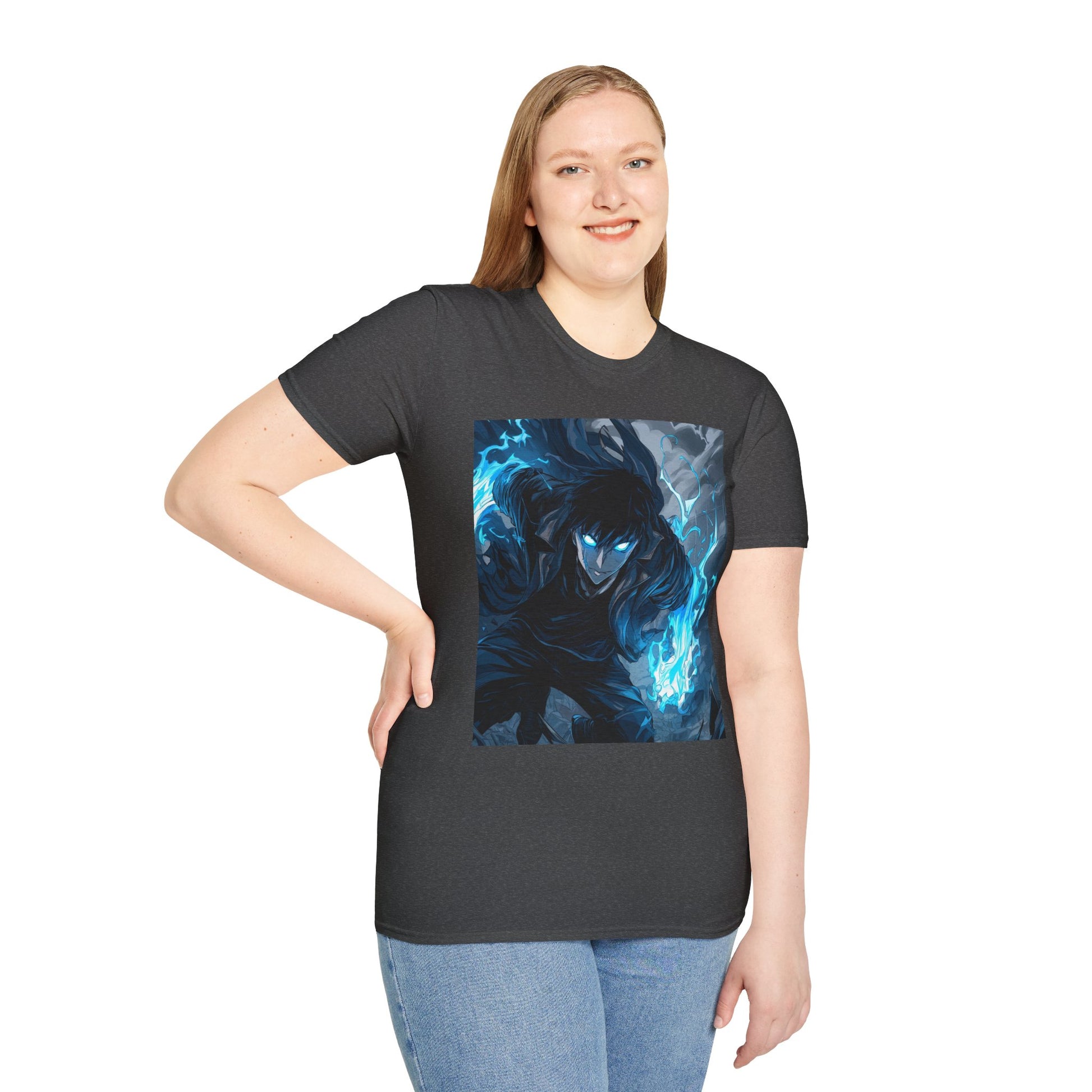 Solo Leveling Shadow Monarch Tee -  solo leveling sung jin woo shadow monarch anime shirt graphic tee unisex Shadow Monarch Tee – Sung Jin Woo engulfed in blue flames with glowing eyes