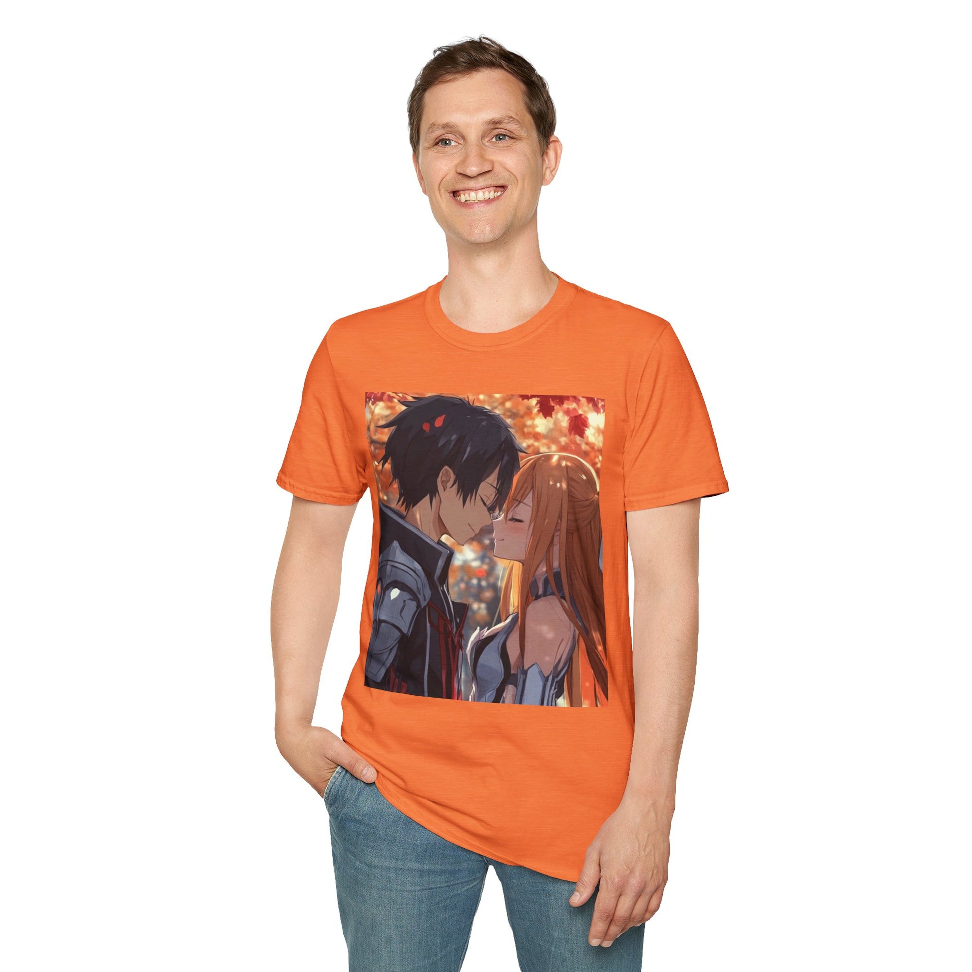 Black Knight Fantasy Tee -  fantasy romance black knight anime shirt graphic tee unisex Black Knight & Golden Flash Tee – Kirito and Asuna under autumn leaves