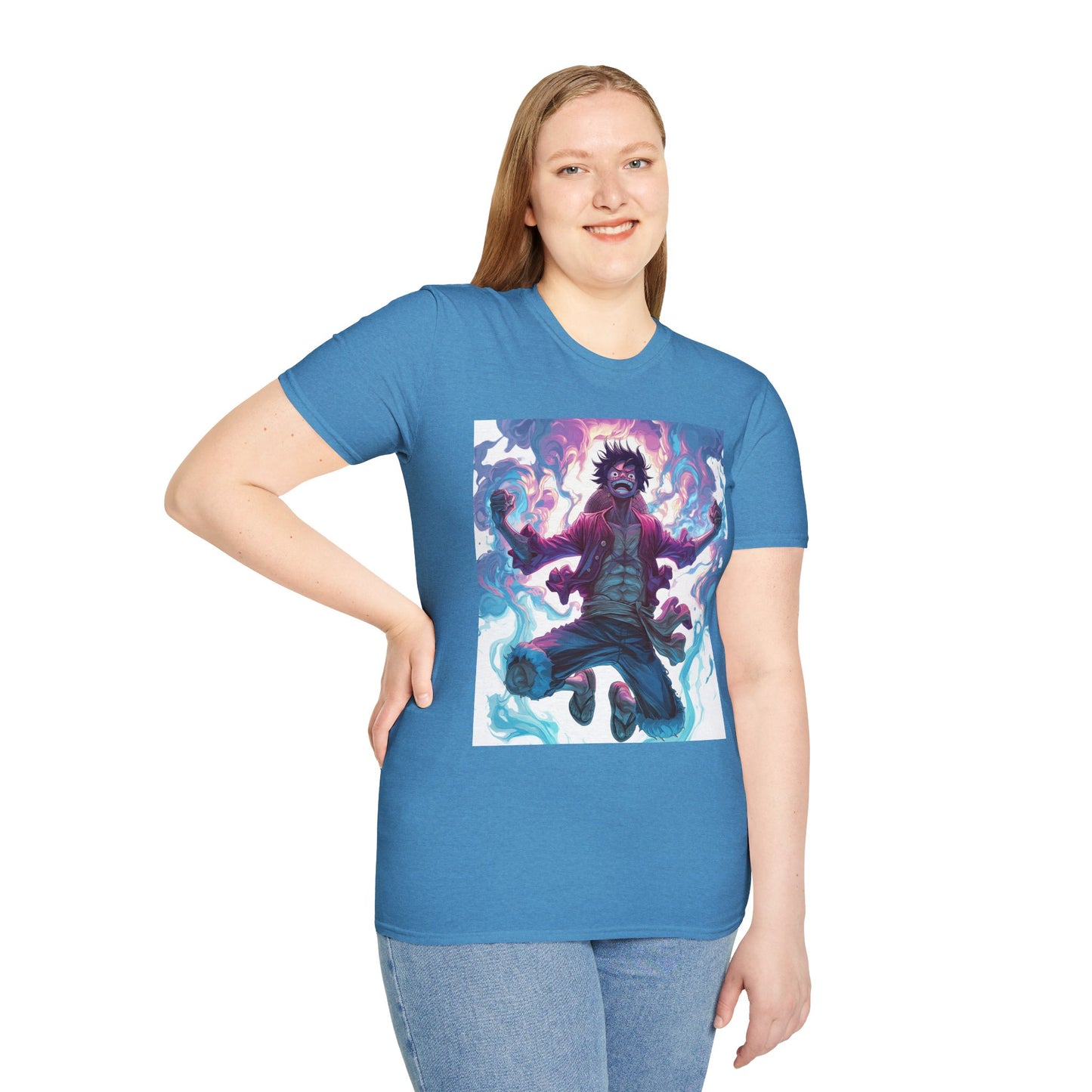 Luffy Pirate King Tee - one piece luffy pirate king anime shirt graphic tee unisex King of the Pirates Tee – Luffy mid-air with red shirt, fists clenched and cosmic energy