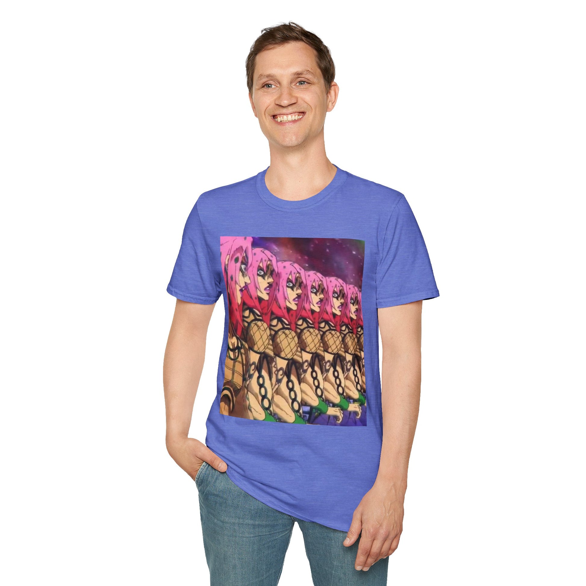 Diavolo Infinite Loop Tee -  jojo diavolo king crimson anime shirt graphic tee unisex Diavolo Death Loop Tee – Diavolo caught in cosmic loop with pink hair and cryptic tattoos