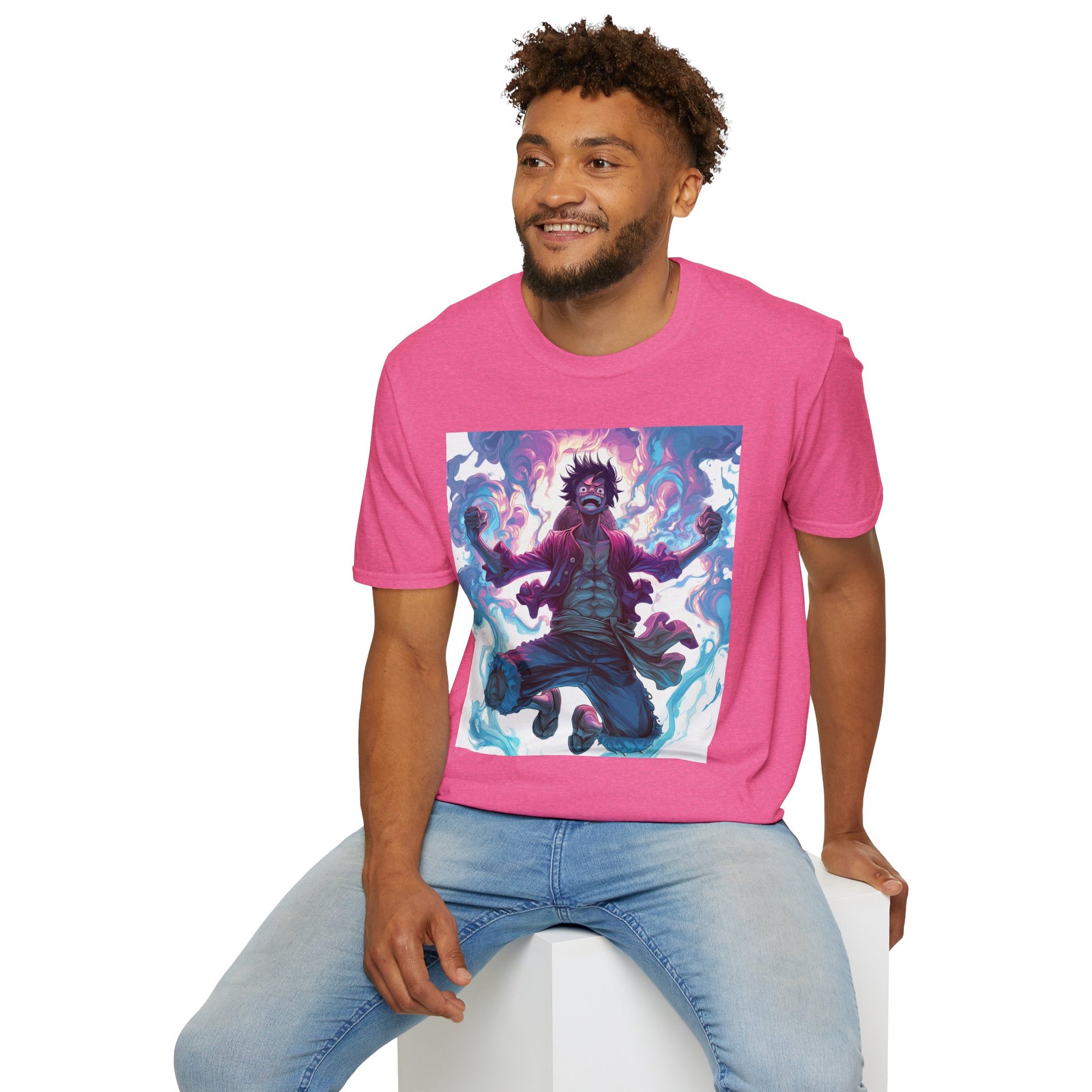 Luffy Pirate King Tee -  one piece luffy pirate king anime shirt graphic tee unisex King of the Pirates Tee – Luffy mid-air with red shirt, fists clenched and cosmic energy