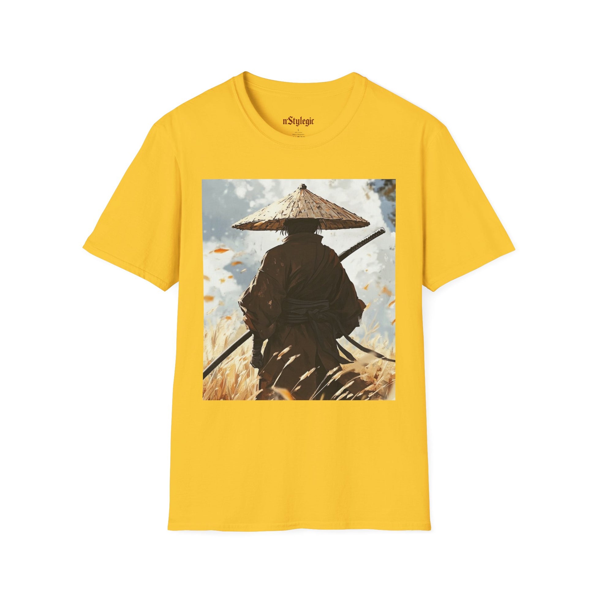 Vagabond Samurai Tee -  samurai vagabond japanese culture anime shirt graphic tee unisex Vagabond Swordsman Tee – Lone samurai in windswept field with katana and falling autumn leaves