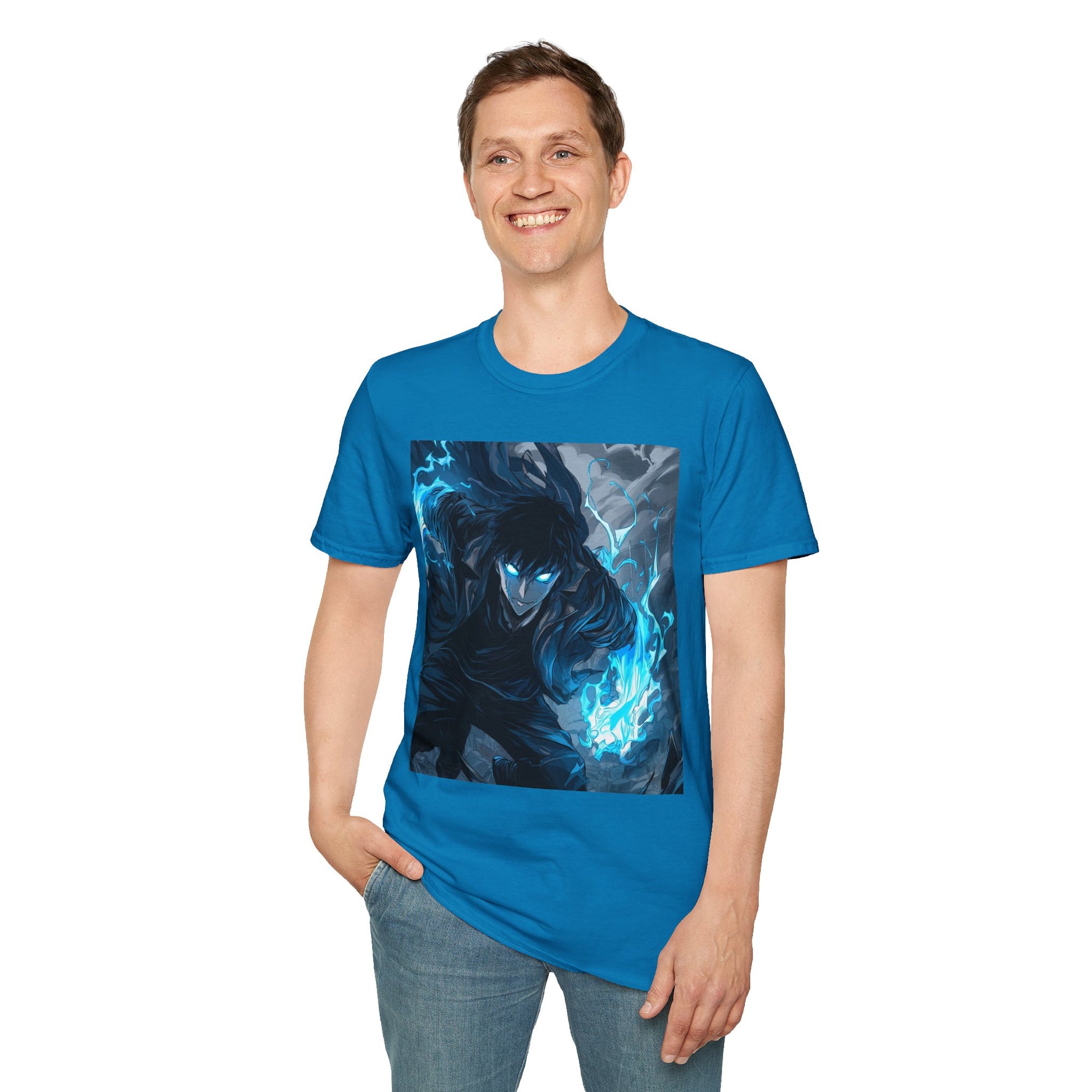 Solo Leveling Shadow Monarch Tee -  solo leveling sung jin woo shadow monarch anime shirt graphic tee unisex Shadow Monarch Tee – Sung Jin Woo engulfed in blue flames with glowing eyes