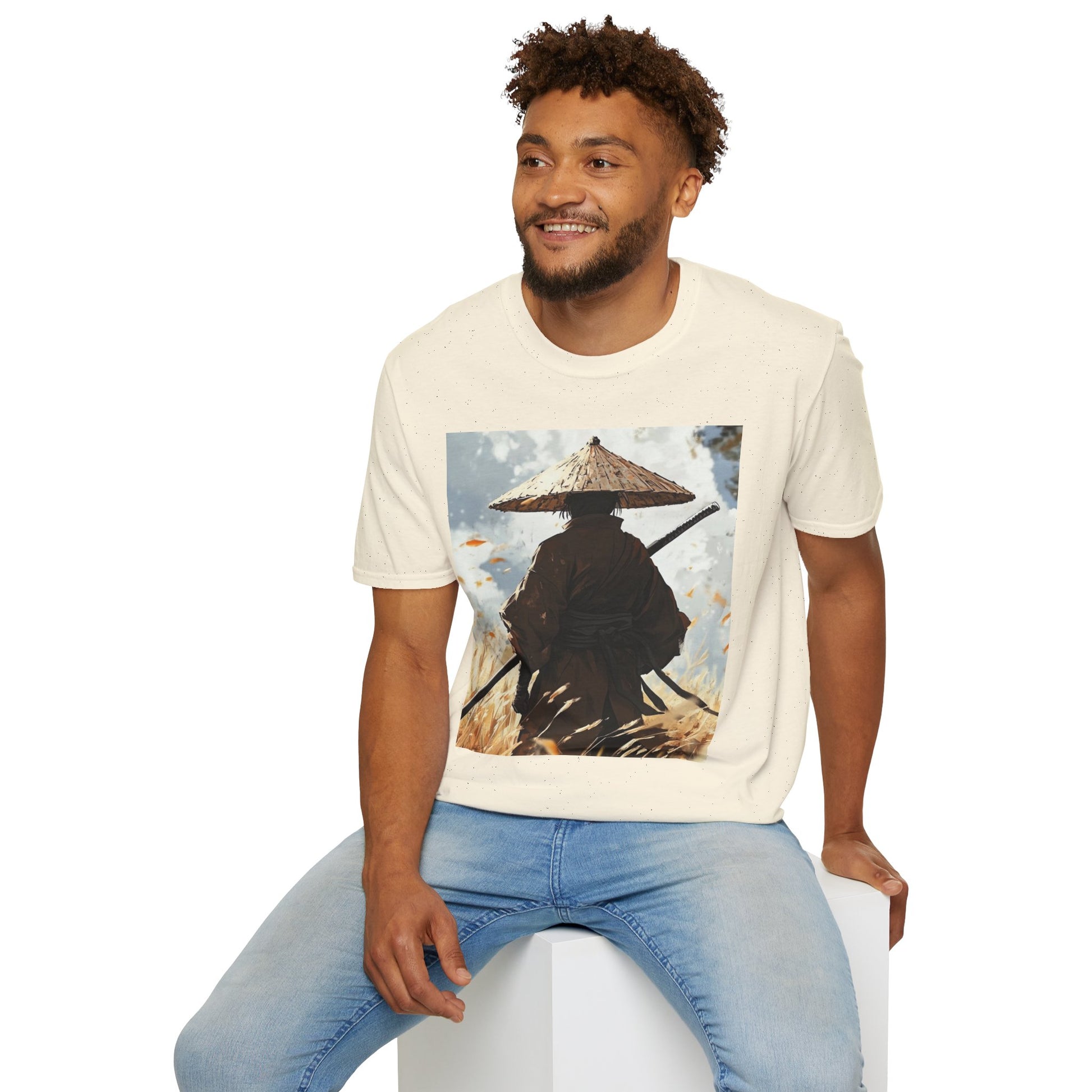 Vagabond Samurai Tee -  samurai vagabond japanese culture anime shirt graphic tee unisex Vagabond Swordsman Tee – Lone samurai in windswept field with katana and falling autumn leaves