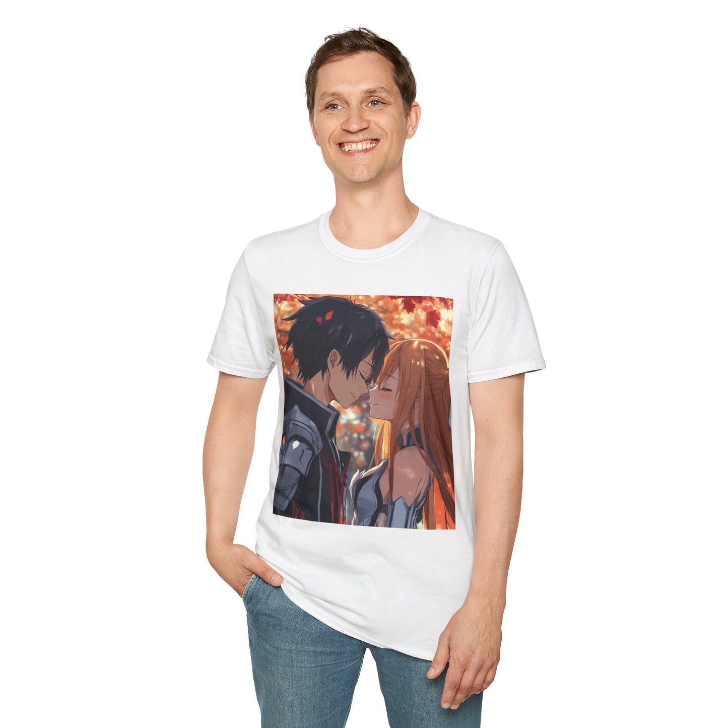 Black Knight Fantasy Tee - fantasy romance black knight anime shirt graphic tee unisex Black Knight & Golden Flash Tee – Kirito and Asuna under autumn leaves